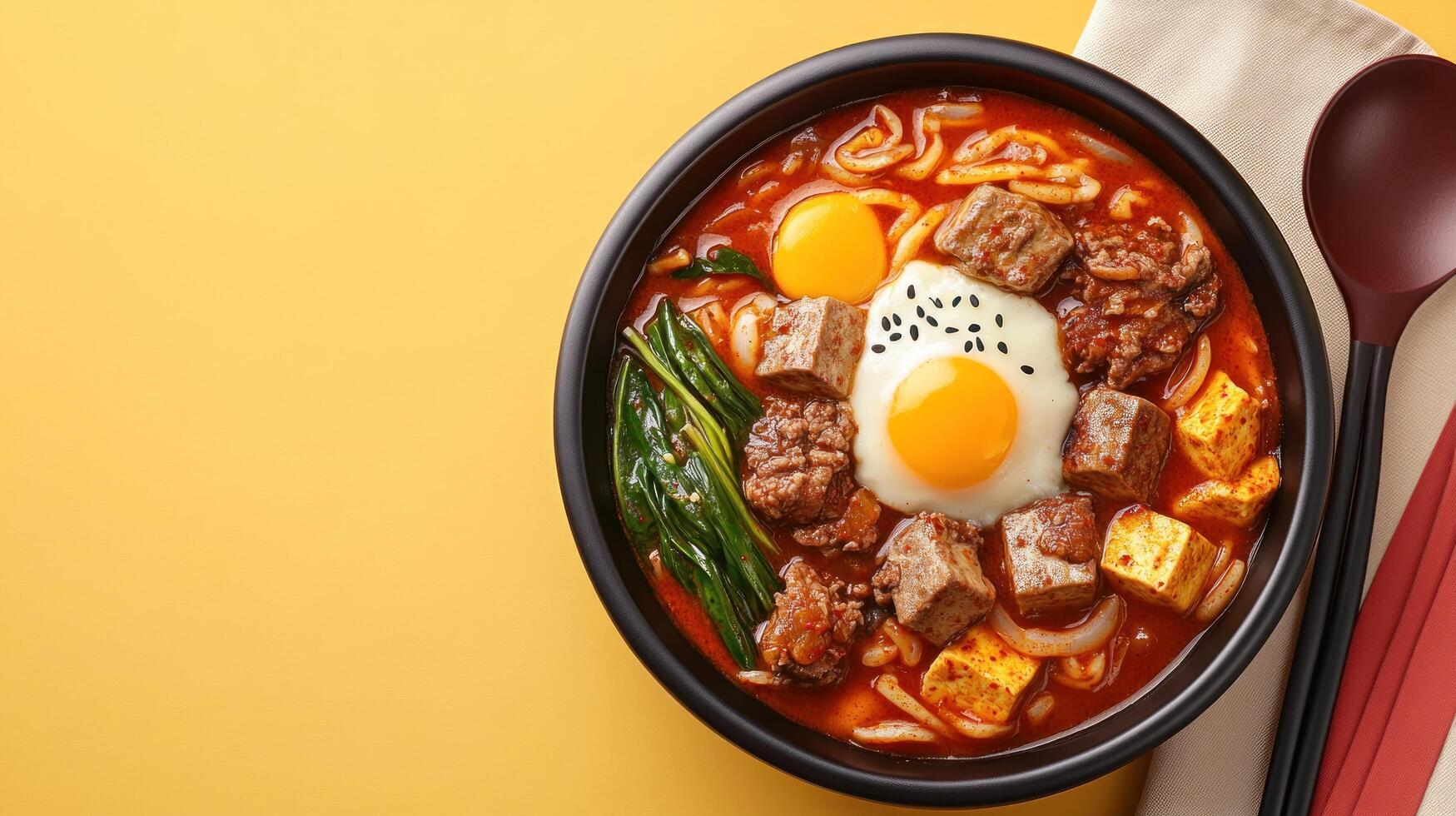 Hearty noodle soup meal with beef, tofu, egg, greens, and spicy broth on a yellow background photo
