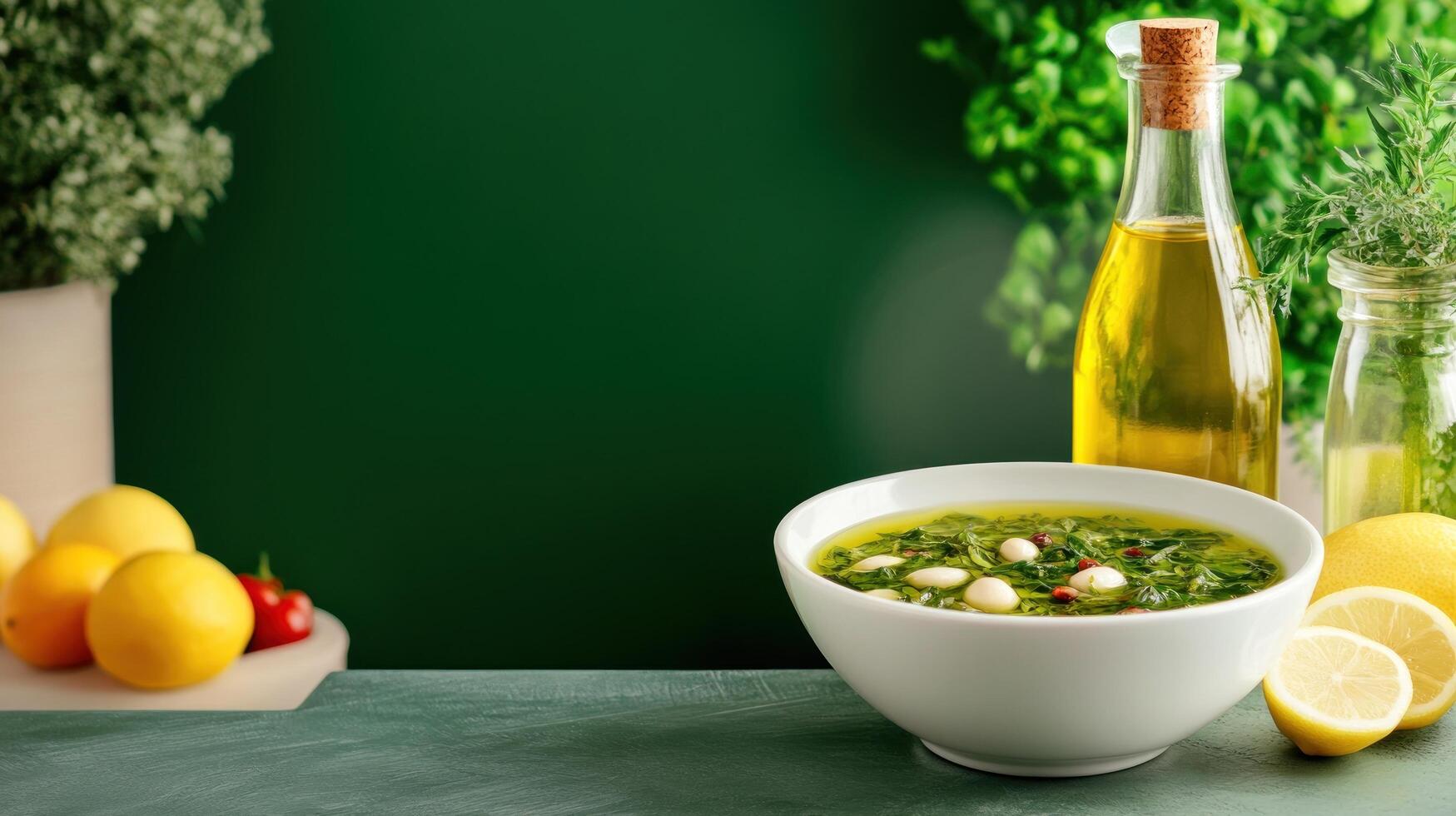 Herb soup with white beans. Lemons, herbs and oil bottle in the background. Food blog post photo