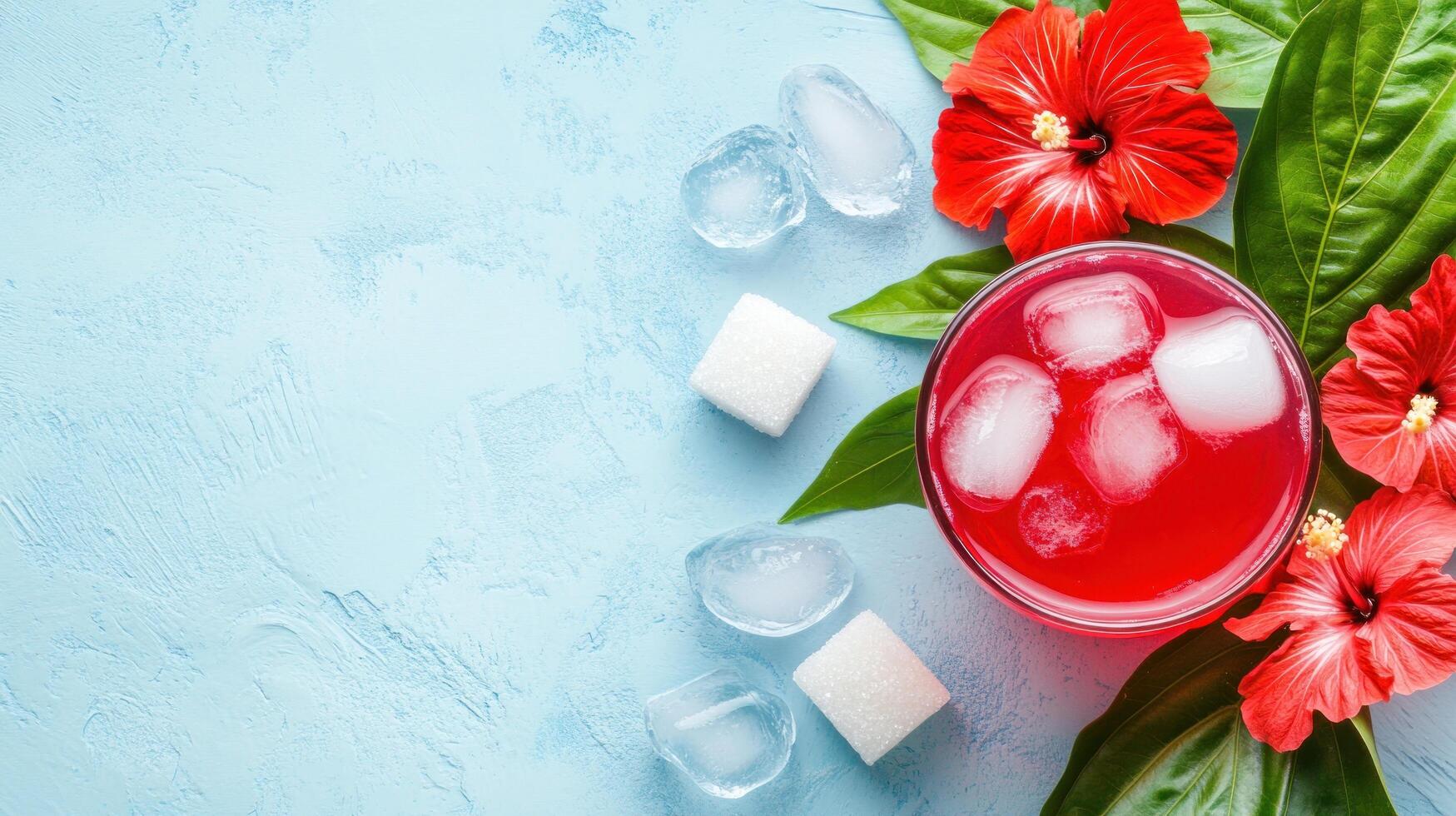 Hibiscus drink with ice on blue background, flower decoration, summer feeling, for menus and advertising photo