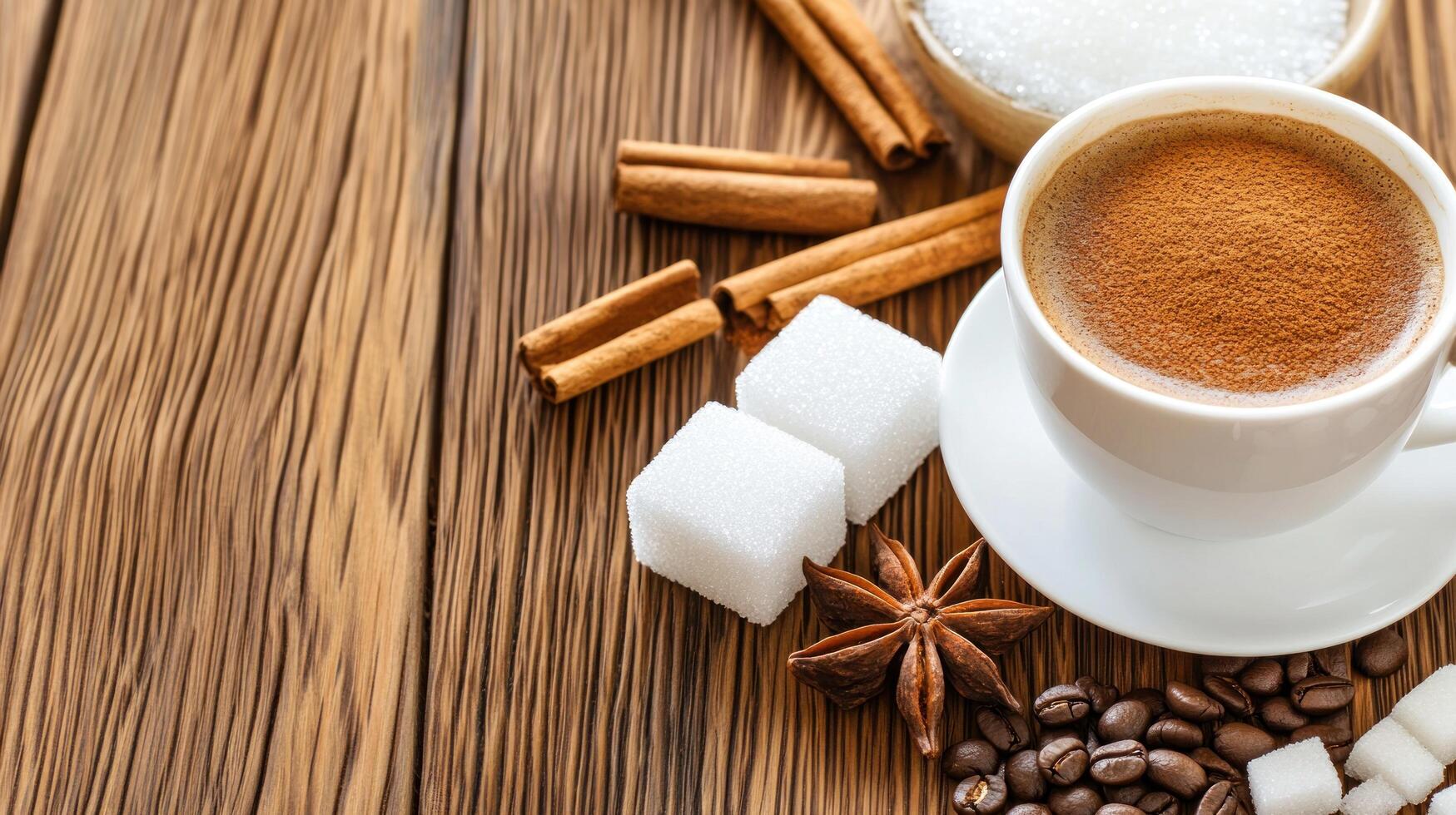 Hot coffee cup with cinnamon, sugar, and spices on a wooden surface is ready to be served photo
