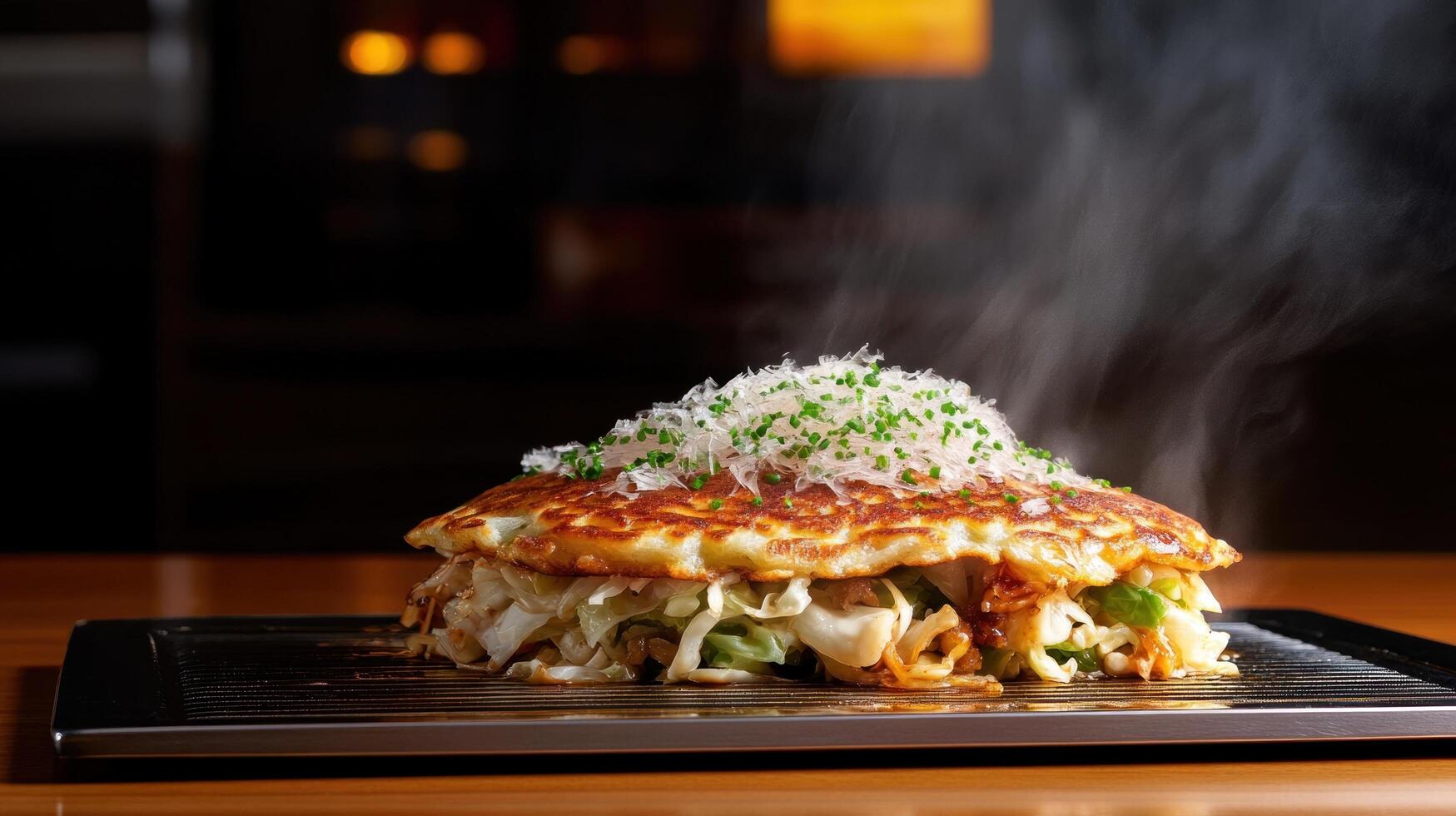 Hot okonomiyaki with steam on a wooden table in a restaurant. Food blog, cookbook use photo