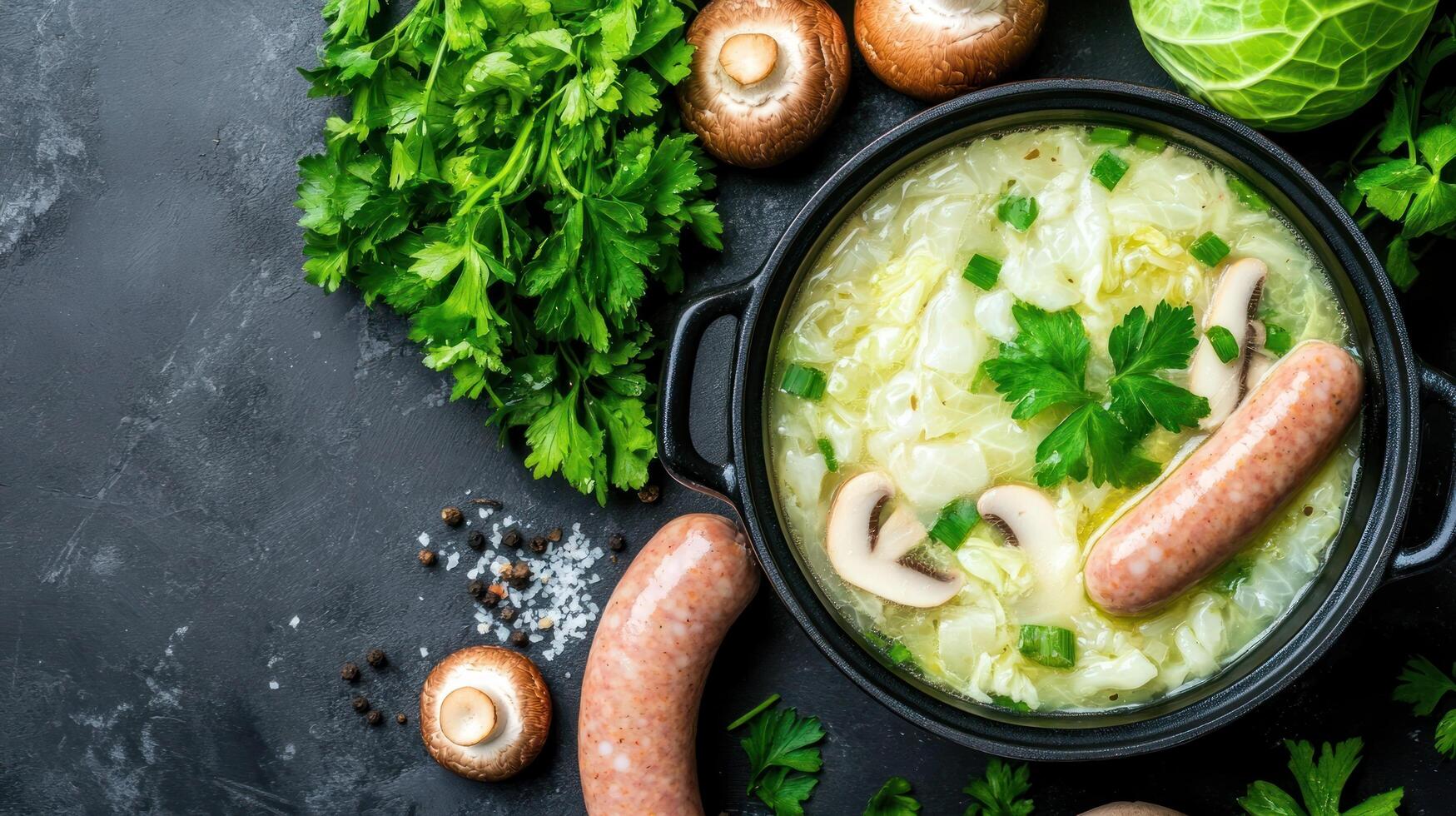 Hot cabbage soup with sausage and mushroom served in a bowl on dark surface. Food photography photo