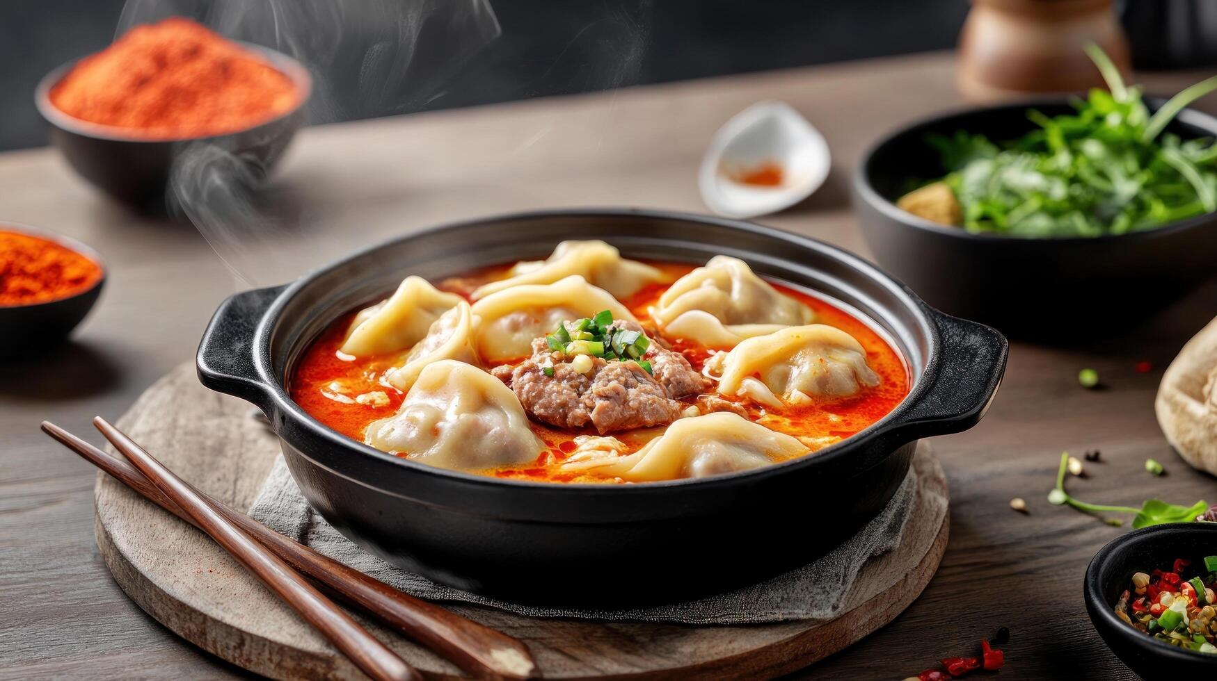 Hot dumpling soup bowl on a wooden table with spice powder for sale and blogs photo