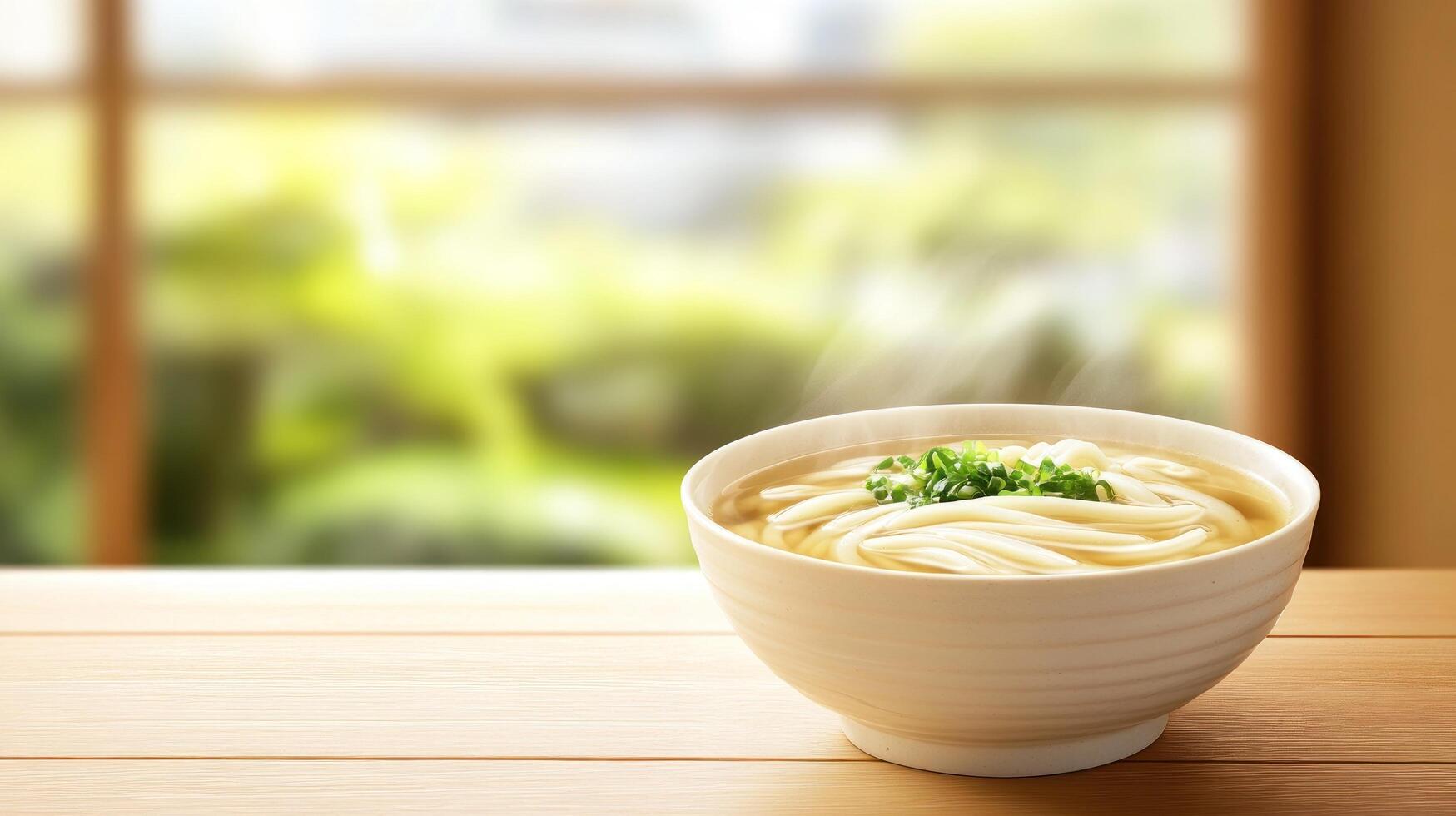 Hot udon noodles with green onions on table, warm interior, garden window for asian recipe photo