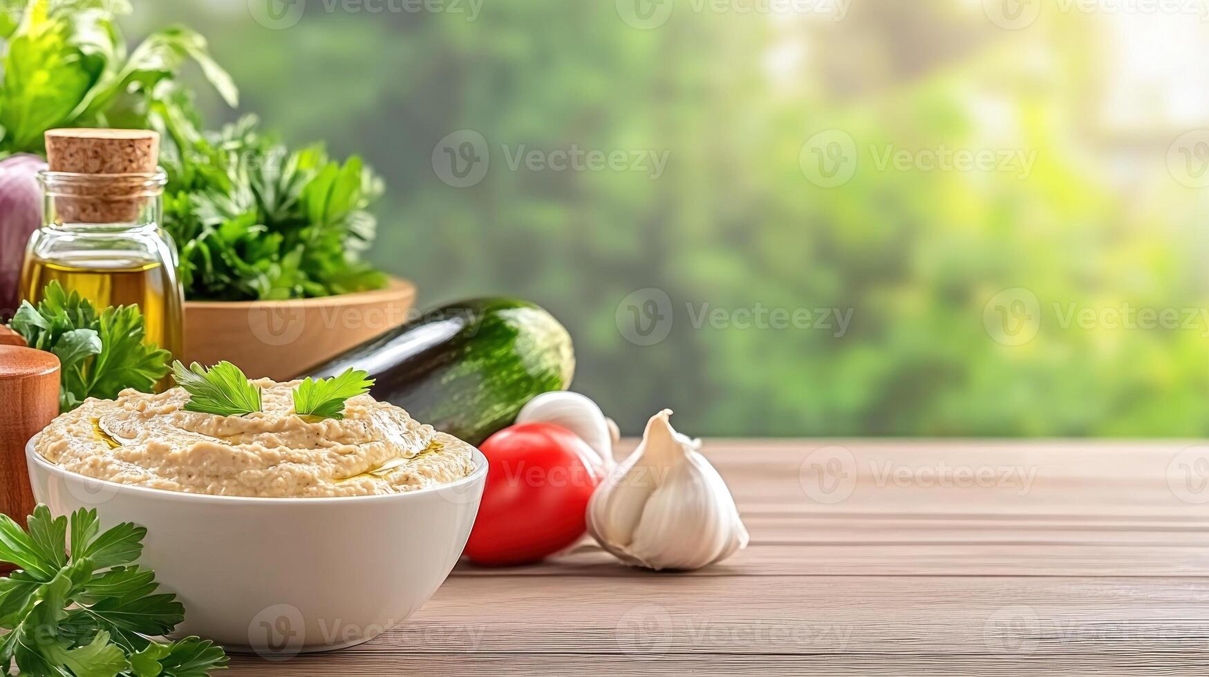 Hummus topped with parsley near vegetables atop wooden surface, bright, blurred outdoor background photo