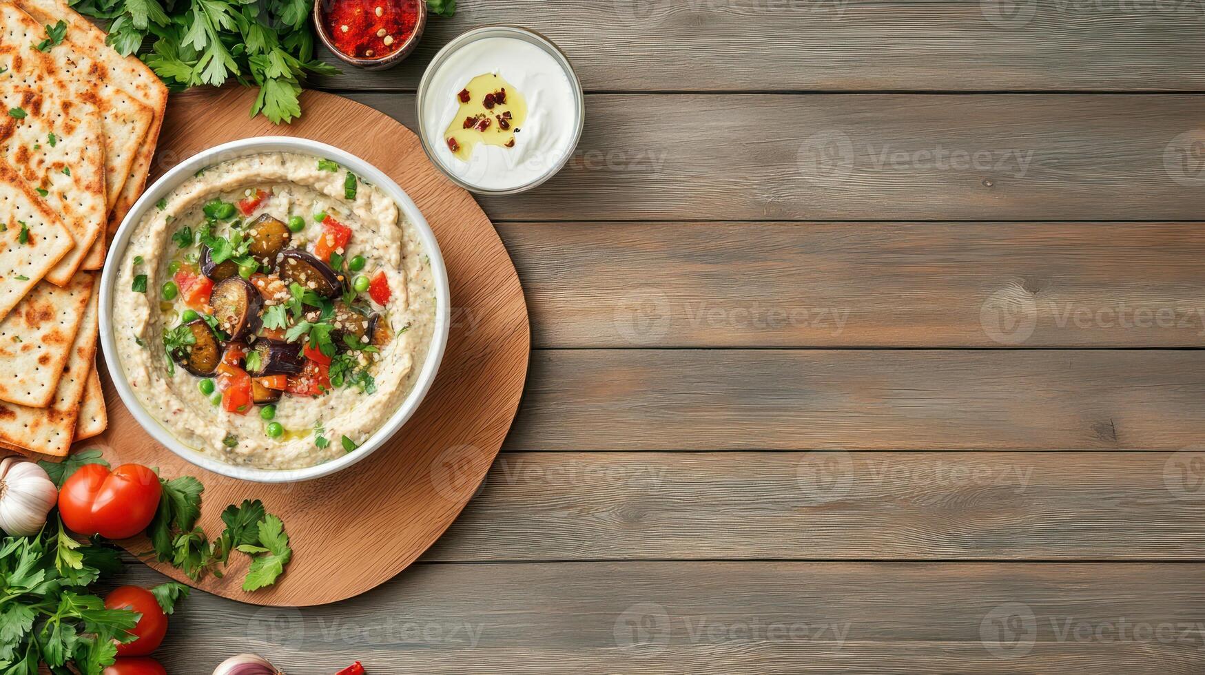 Hummus with veggies served on a wooden board with bread and sauce near on a wooden table, food photography photo