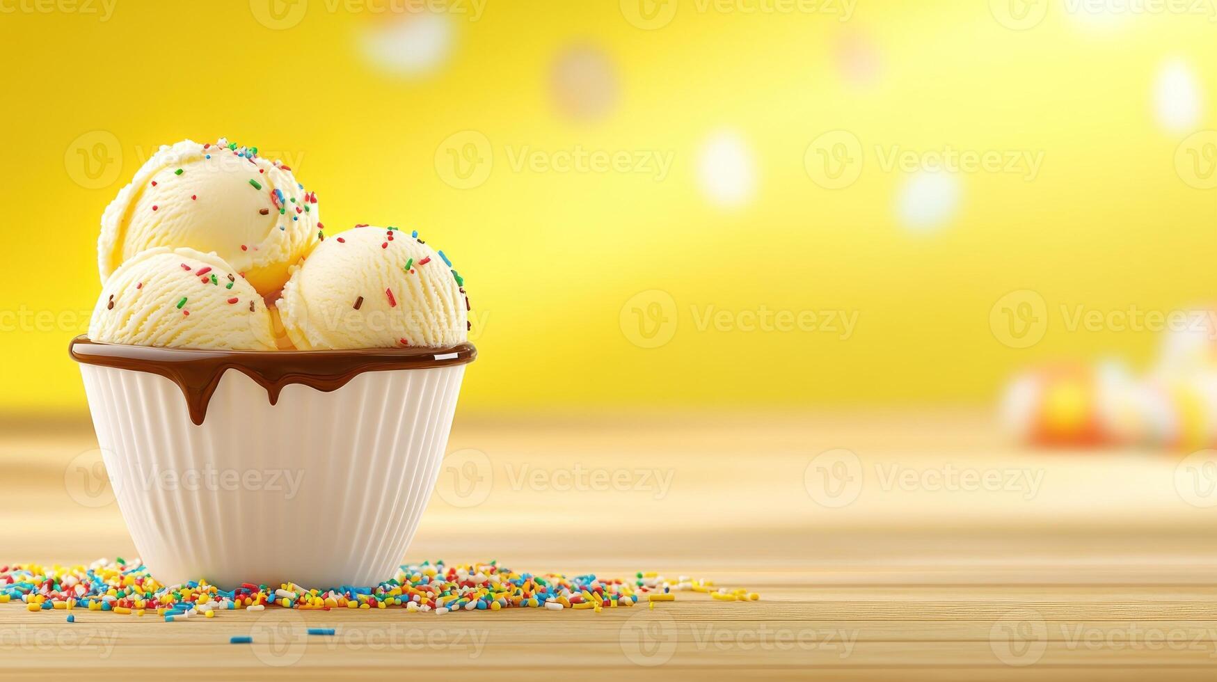 Ice cream scoops with sprinkles in a cup on wood background, delicious dessert idea photo