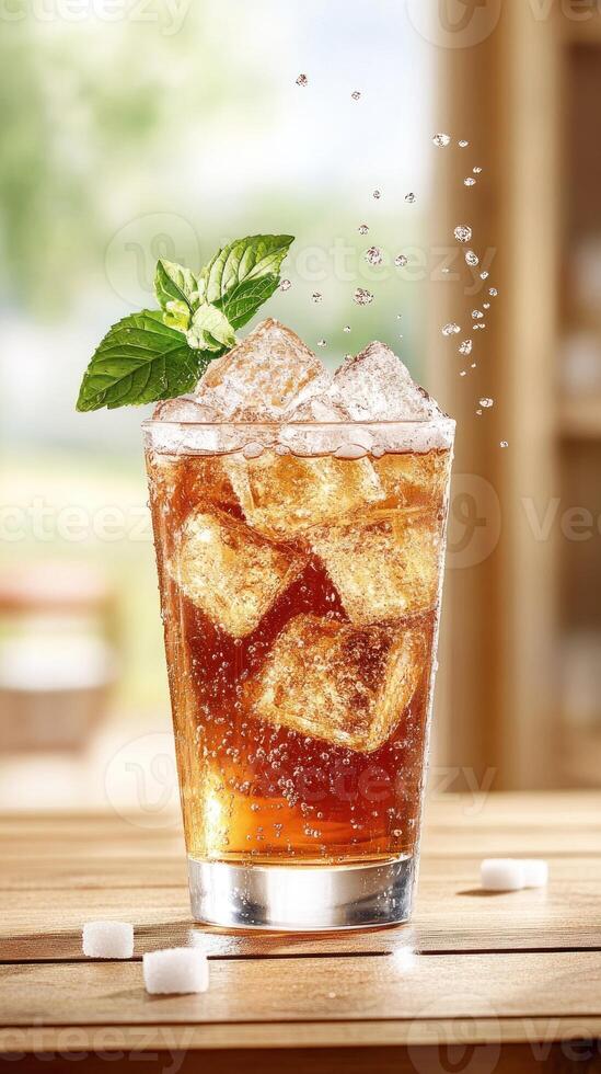 Iced tea with mint, ice cubes, sugar cubes, on wood table, drink in garden, blurred. drink ads photo