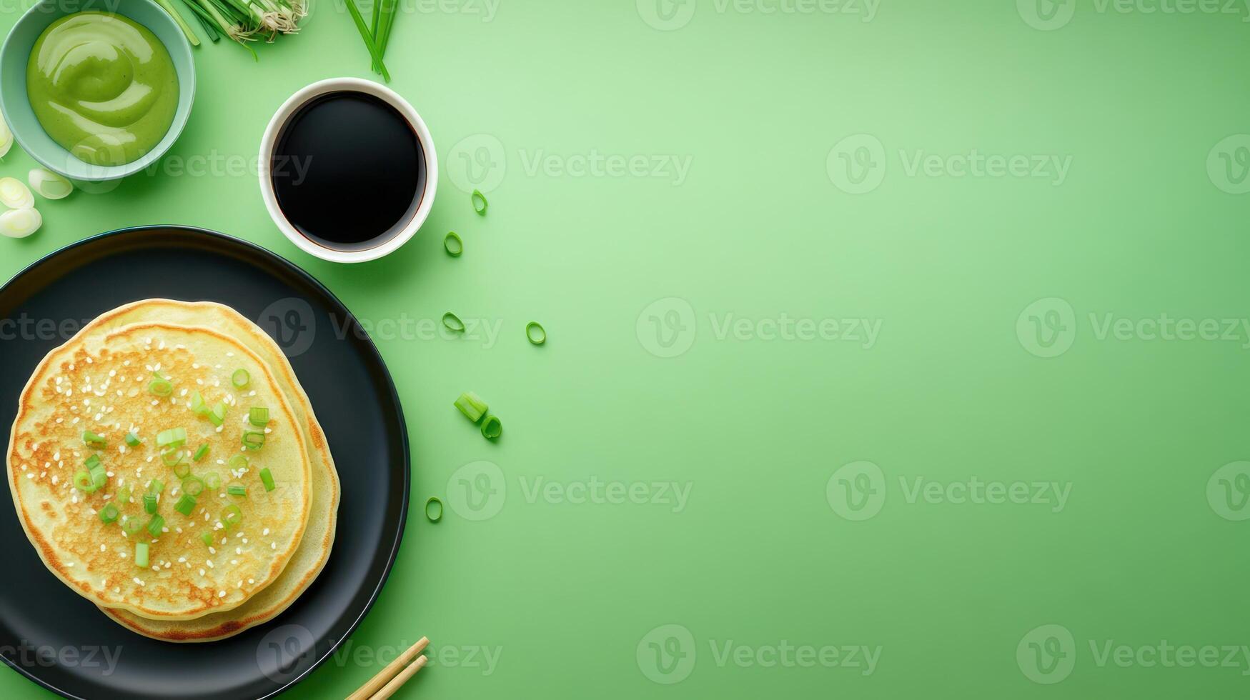 Japanese pancakes. Garnished pancakes arranged on a table. Serving style and delicious flavor photo