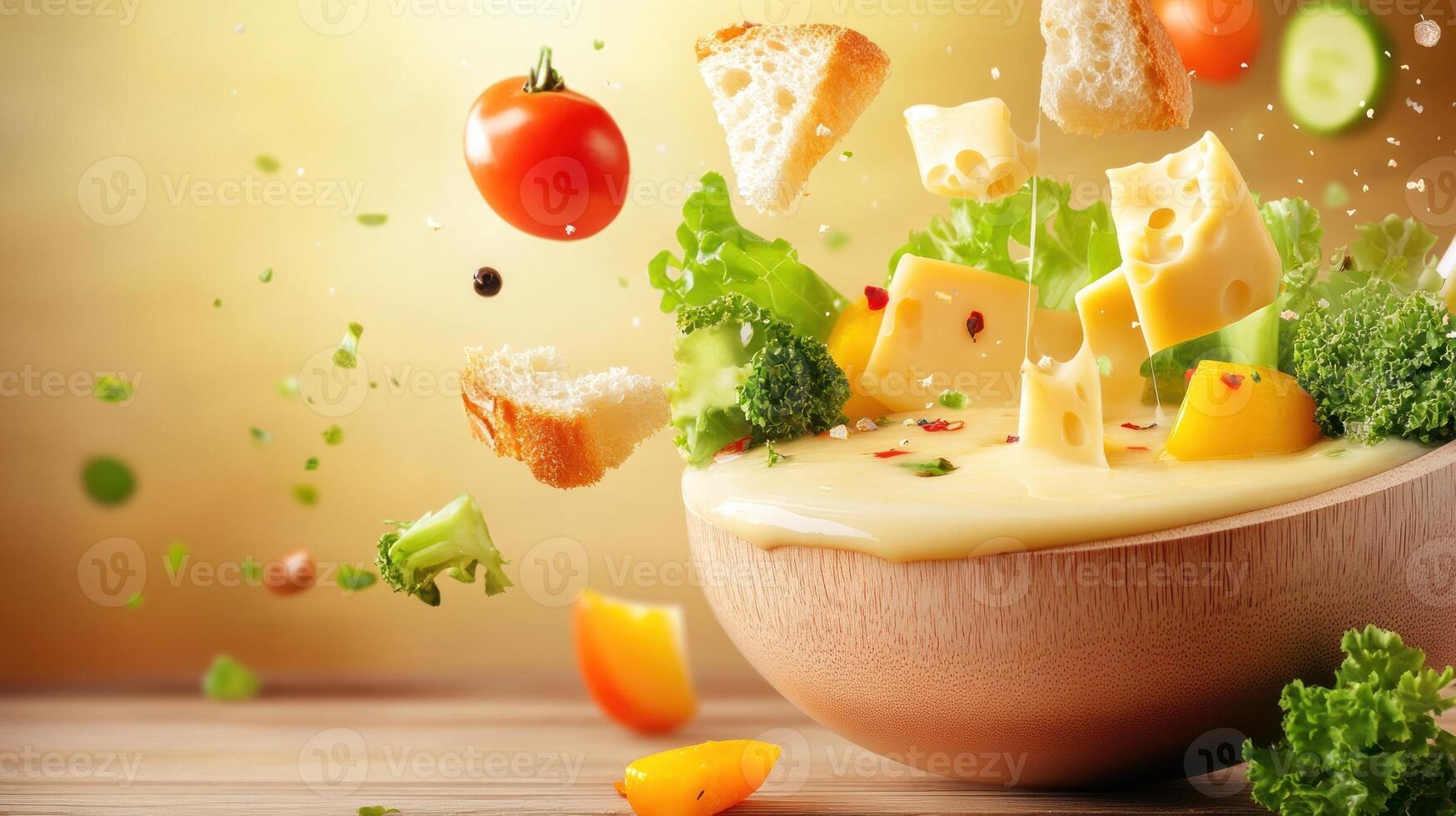 Ingredients fly into bowl with sauce on table, background is blurred, used in food photography photo