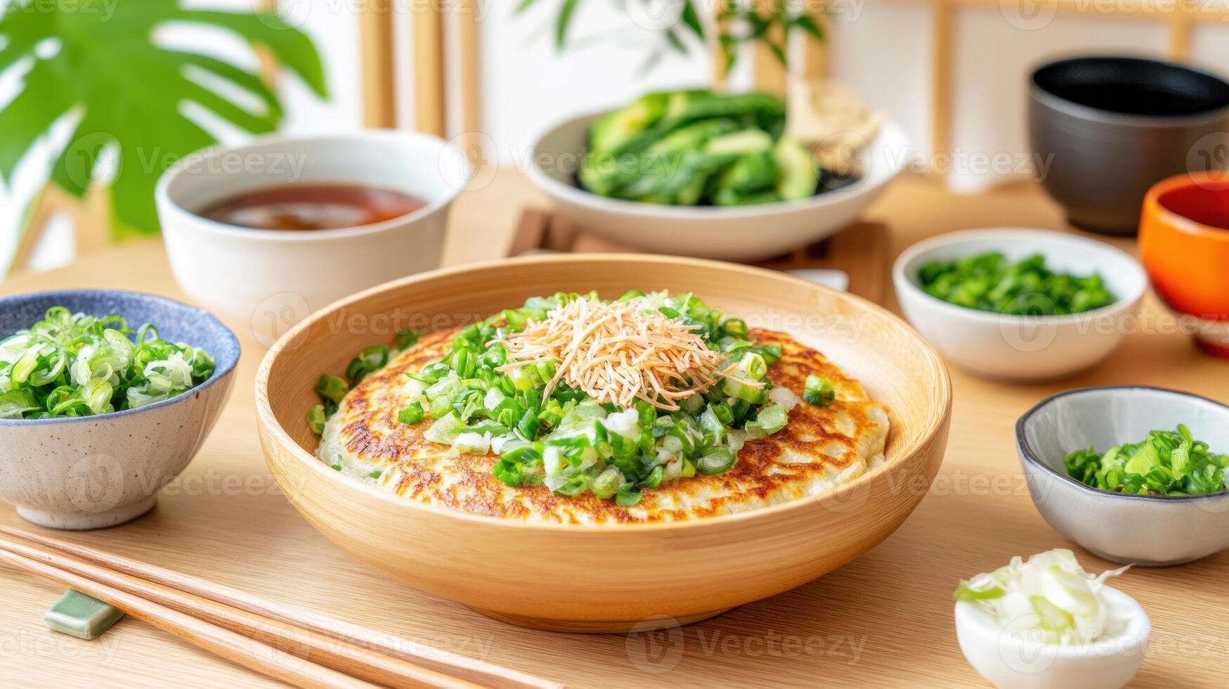 Japanese okonomiyaki being served on a wooden table surrounded by side dishes photo