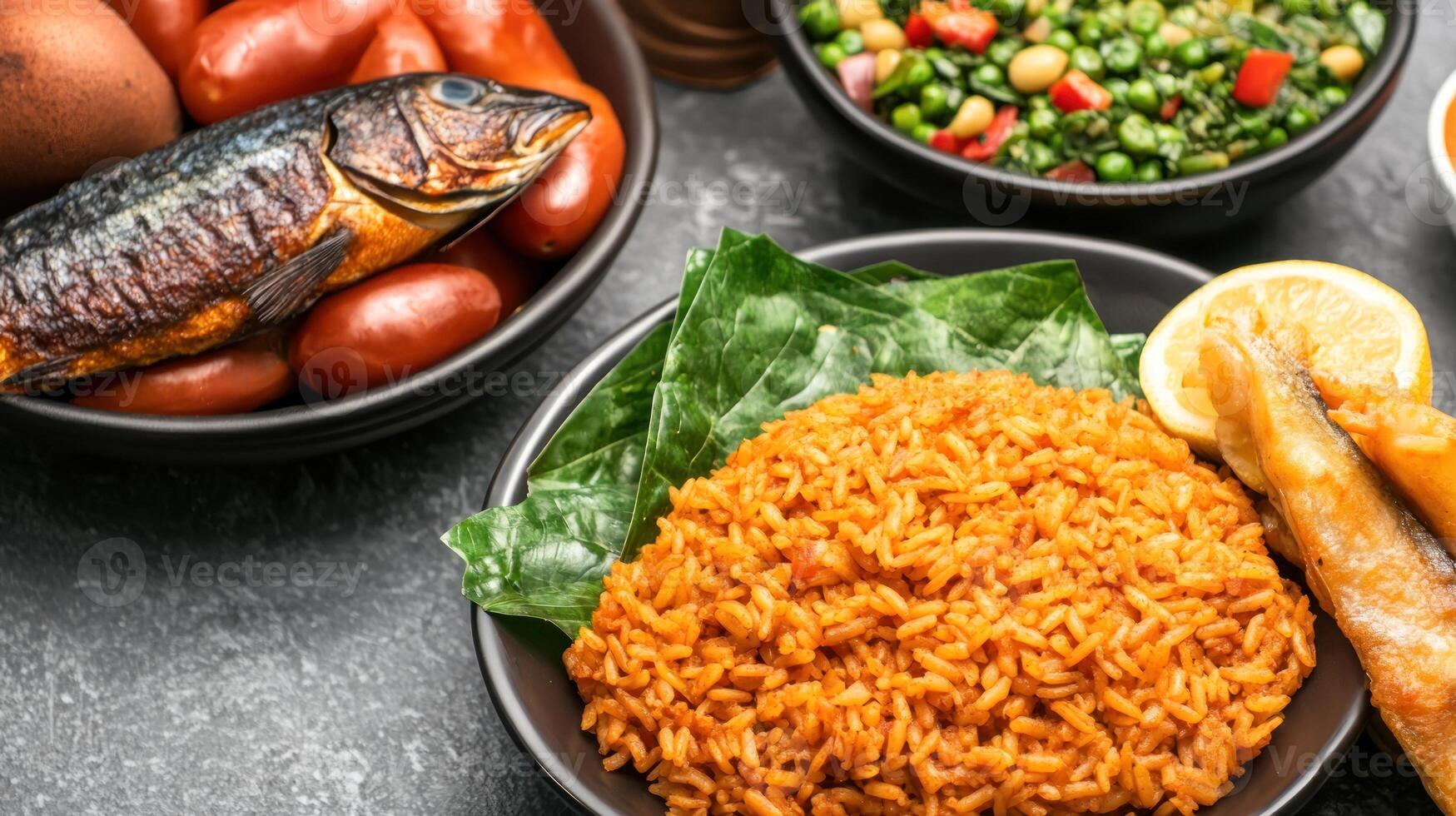 Jollof rice meal, fish, eggs, and vegetables presented in bowls on a counter for dinner photo