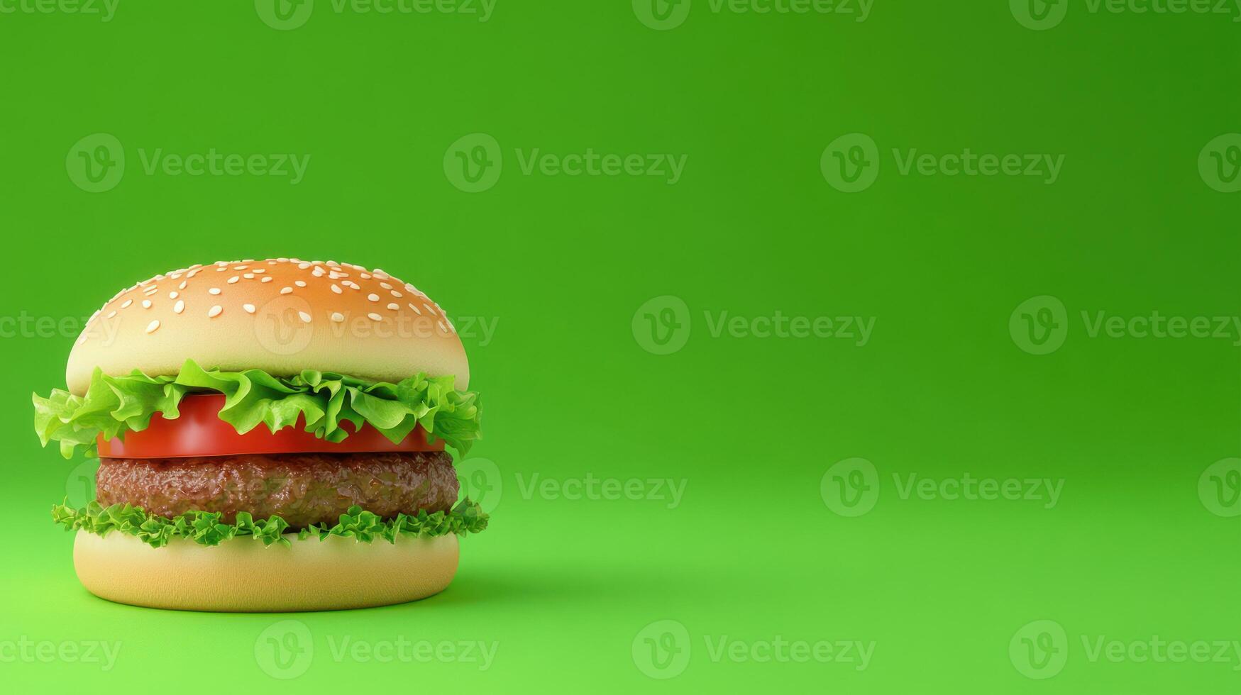 Juicy burger with fresh toppings on vibrant green. Suitable for fast food restaurants photo