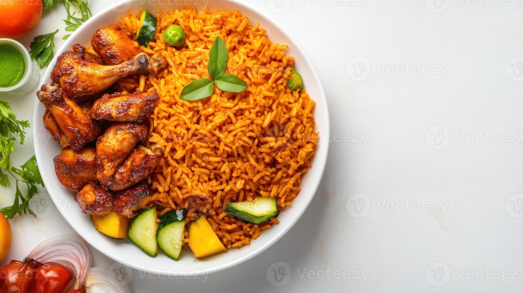 Jollof rice served with fried chicken on a white background for lunch photo