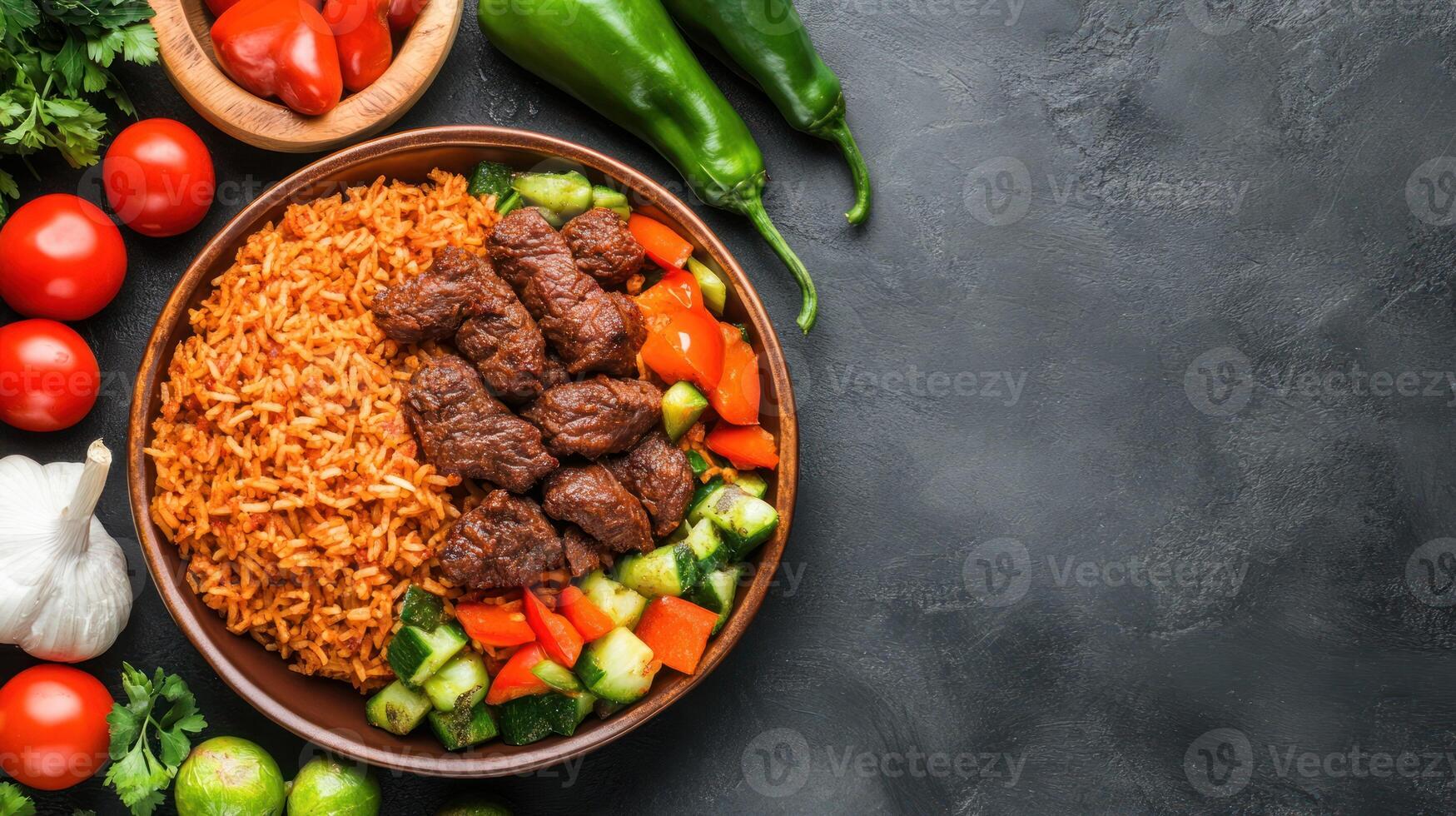 Jollof rice, meat, and vegetables served on a plate. Culinary delicacy presentation photo