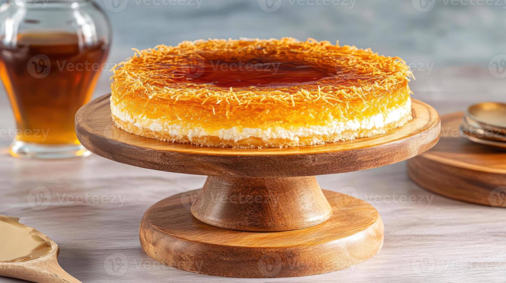Kanafeh pastry dessert with syrup on a wooden plate for presentation and serving photo