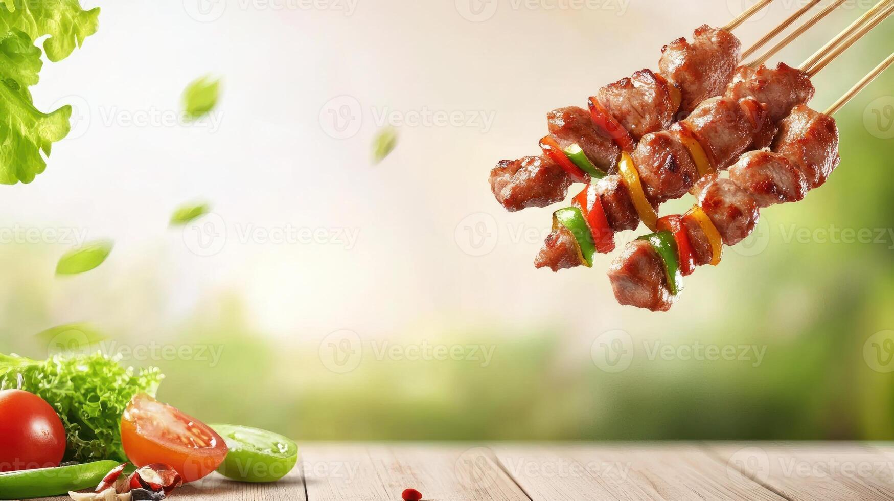Kebabs grilling over tabletop with veggie garnish, sunny day. Food photo for recipe