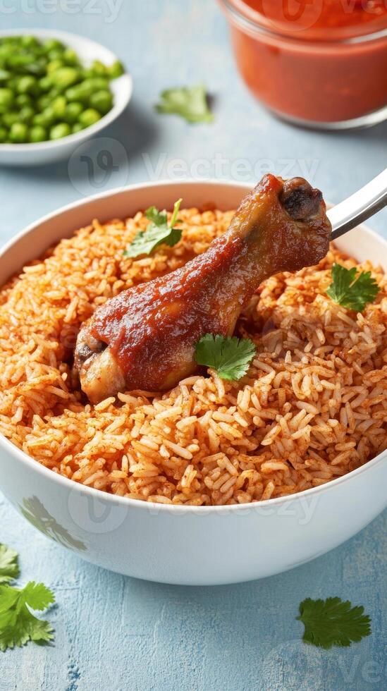 Jollof Rice with Chicken served in a bowl, green peas and sauce in the background. Food blog photo