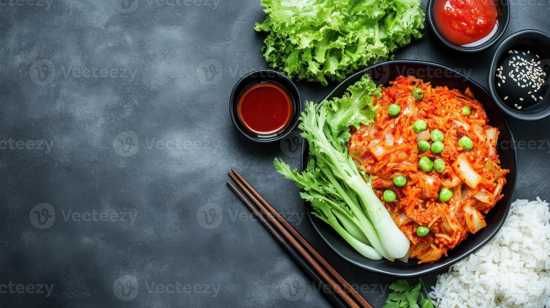 Kimchi bowl with rice and vegetables served on a table for meal prep photo