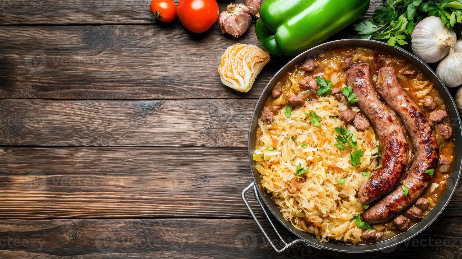 Kielbasa and cabbage served in pan with vegetables on wooden table for meal preparation photo
