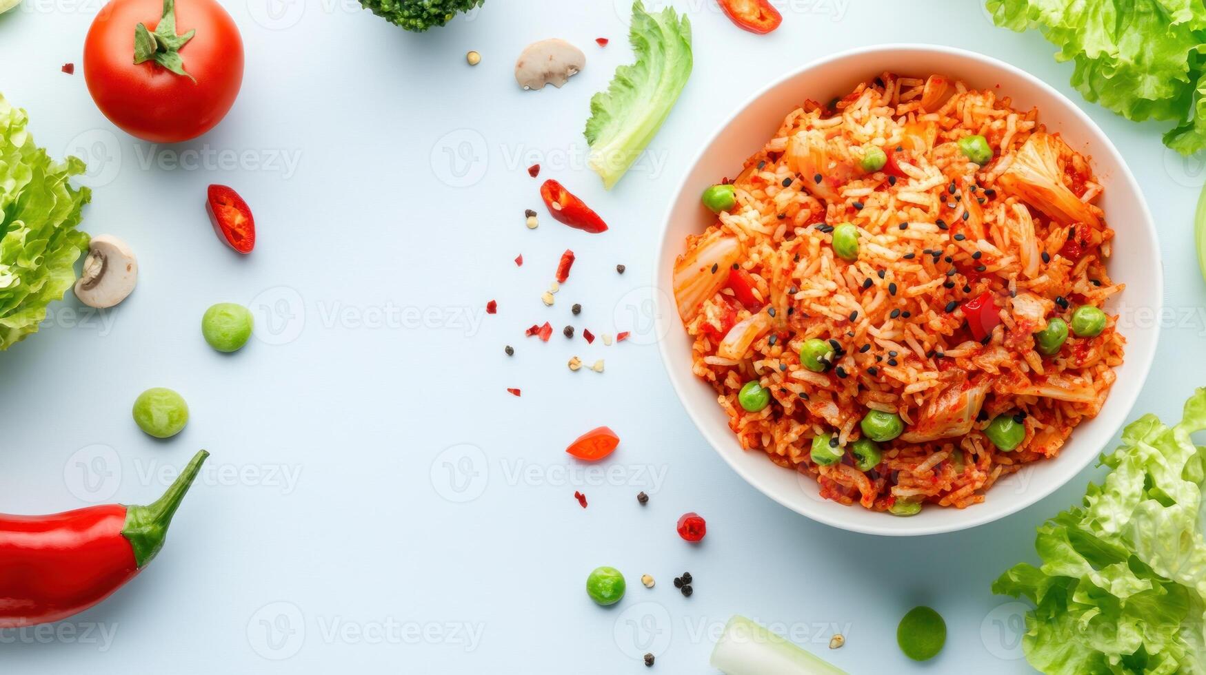 Kimchi fried rice. A bowl of spicy asian fried rice with vegetables in a light environment photo