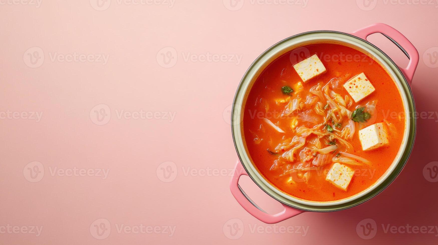 Kimchi soup with tofu served in pink pot. Asian cuisine. Blank background. Food blog, restaurant use photo