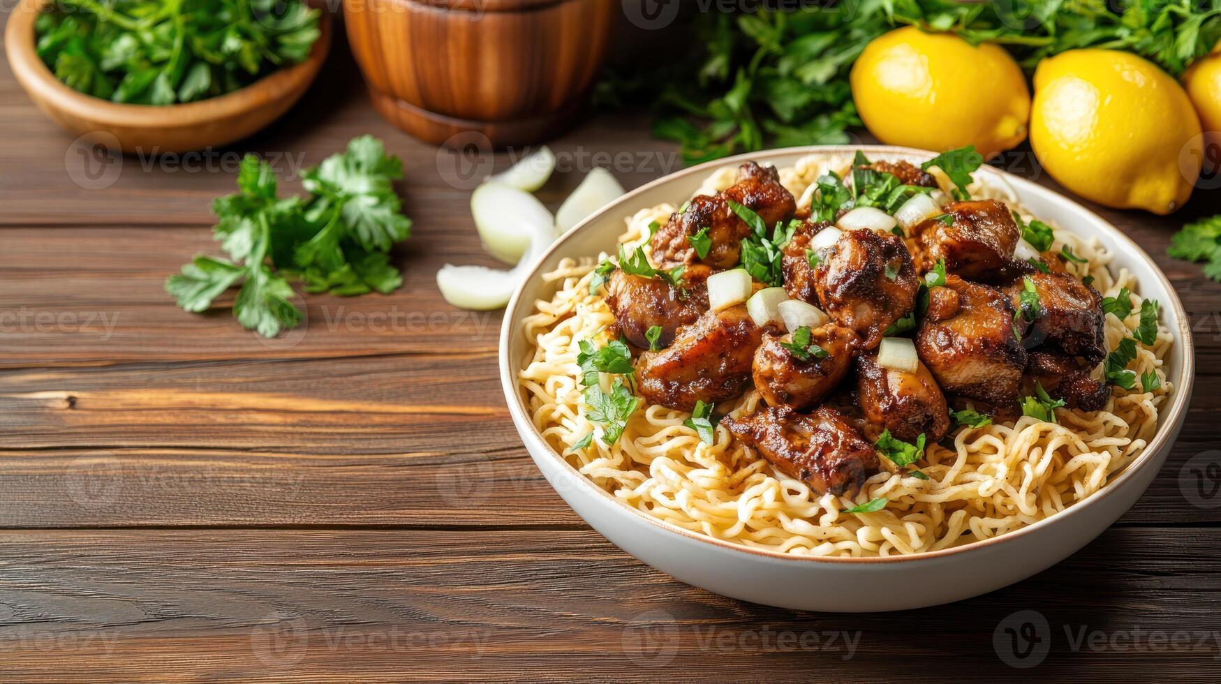Noodles bowl with meat and herbs on wooden table background for culinary blog post photo