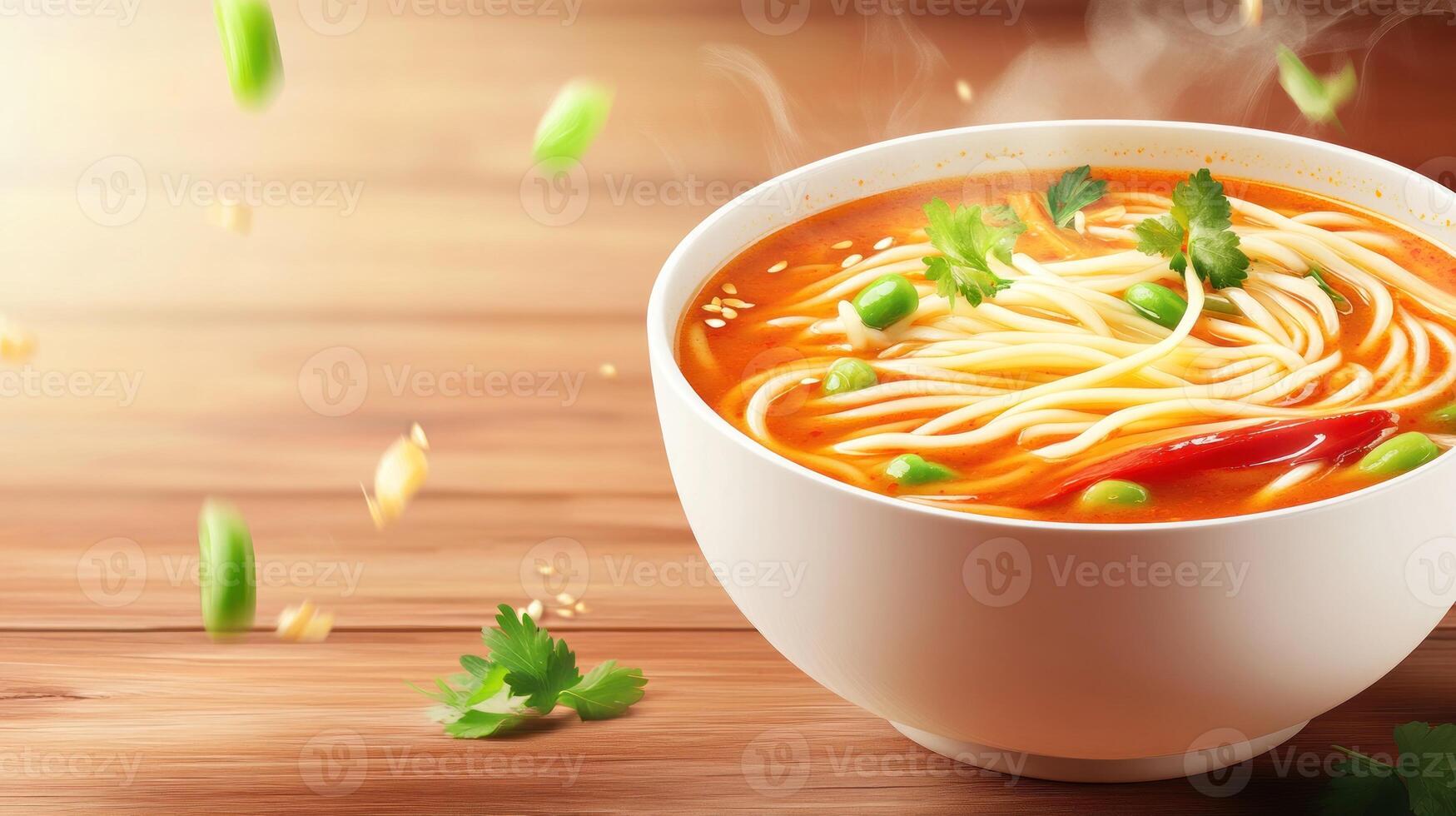 Noodles in a bowl with greens and steam on wood table for menu or commercial photo