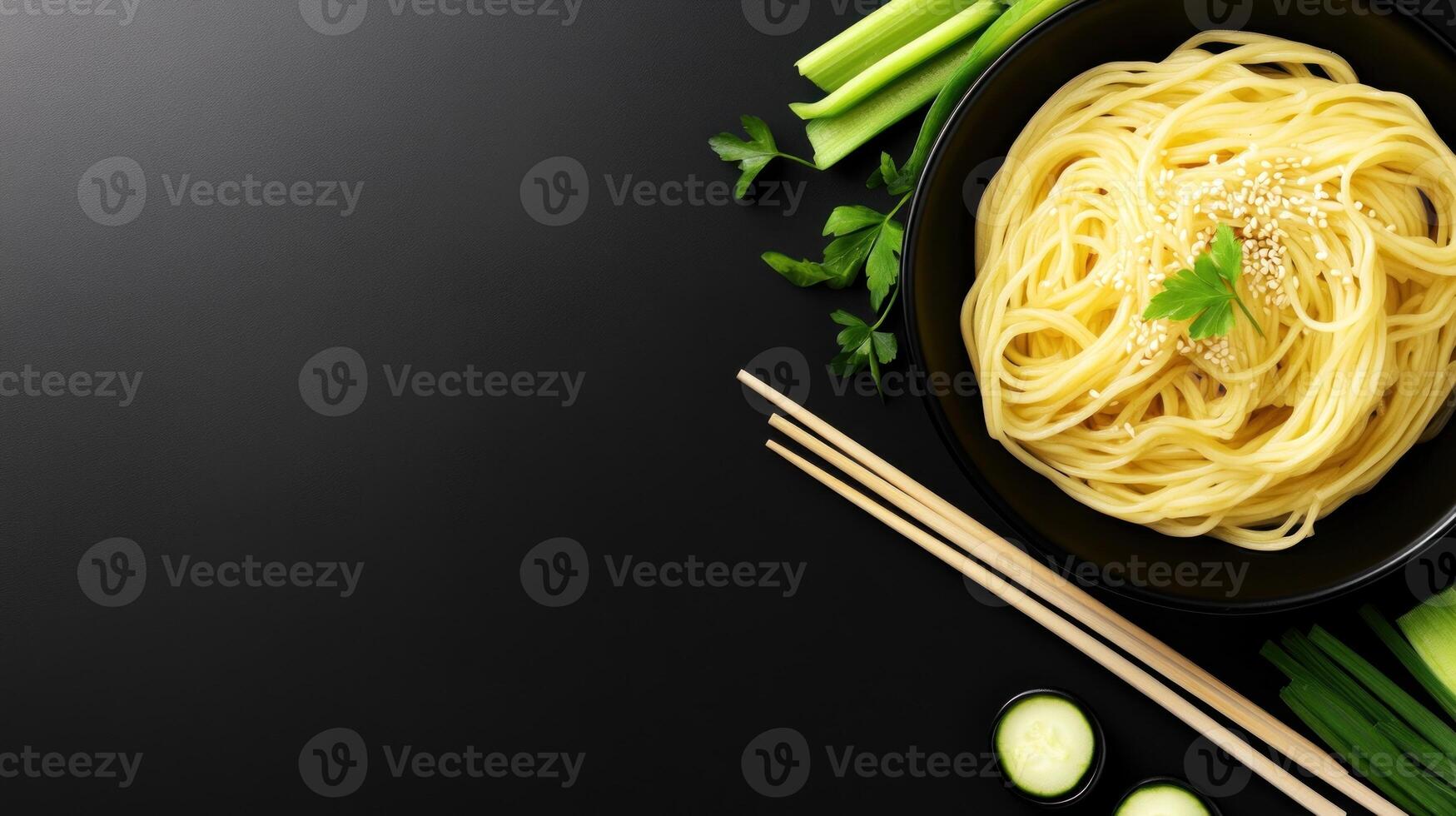 Noodles in bowl on black table, food, and background, for culinary presentation or menu photo
