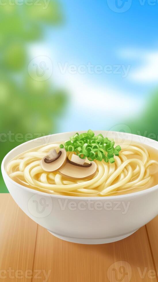 Noodles in bowl on wooden table. Food photography, nature background. Restaurant menu, meal photo
