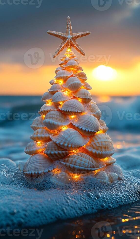 Unique seashell Christmas tree at sunset. A creatively designed Christmas tree made of seashells stands on the beach as the sun sets over the ocean waves. photo
