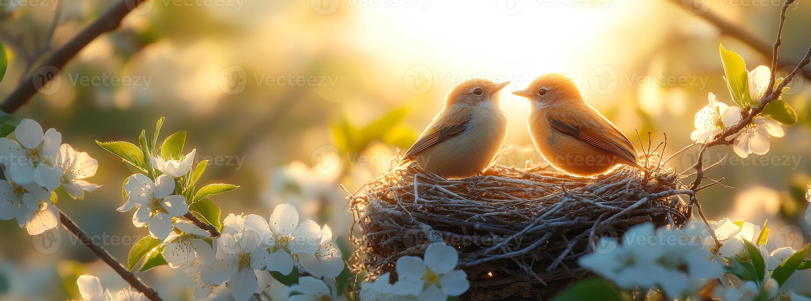 Birds build nest in a blooming orchard. Two small birds sit close together in their nest surrounded by white flowers and illuminated by a warm, golden light. photo