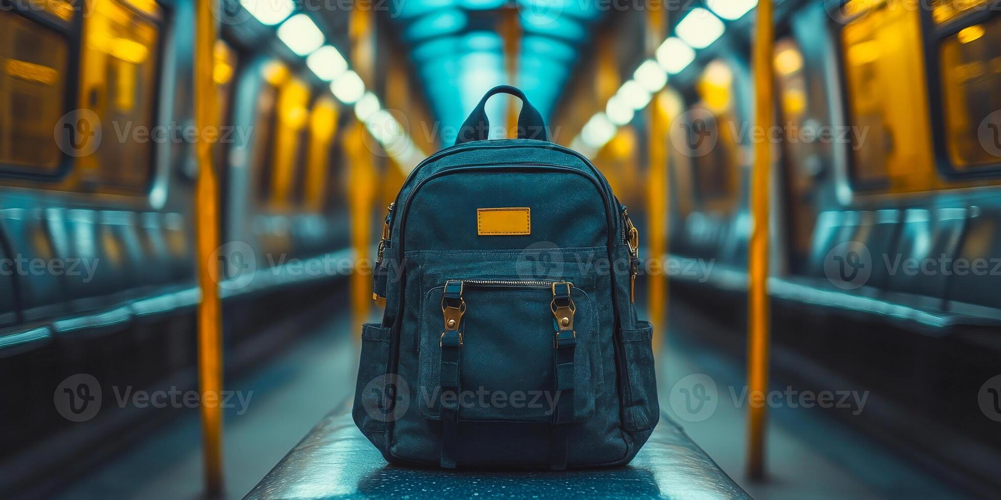 Backpack resting on subway seat at night. A lone backpack sits on a seat in an empty subway car during the evening, illuminated by warm lights. photo