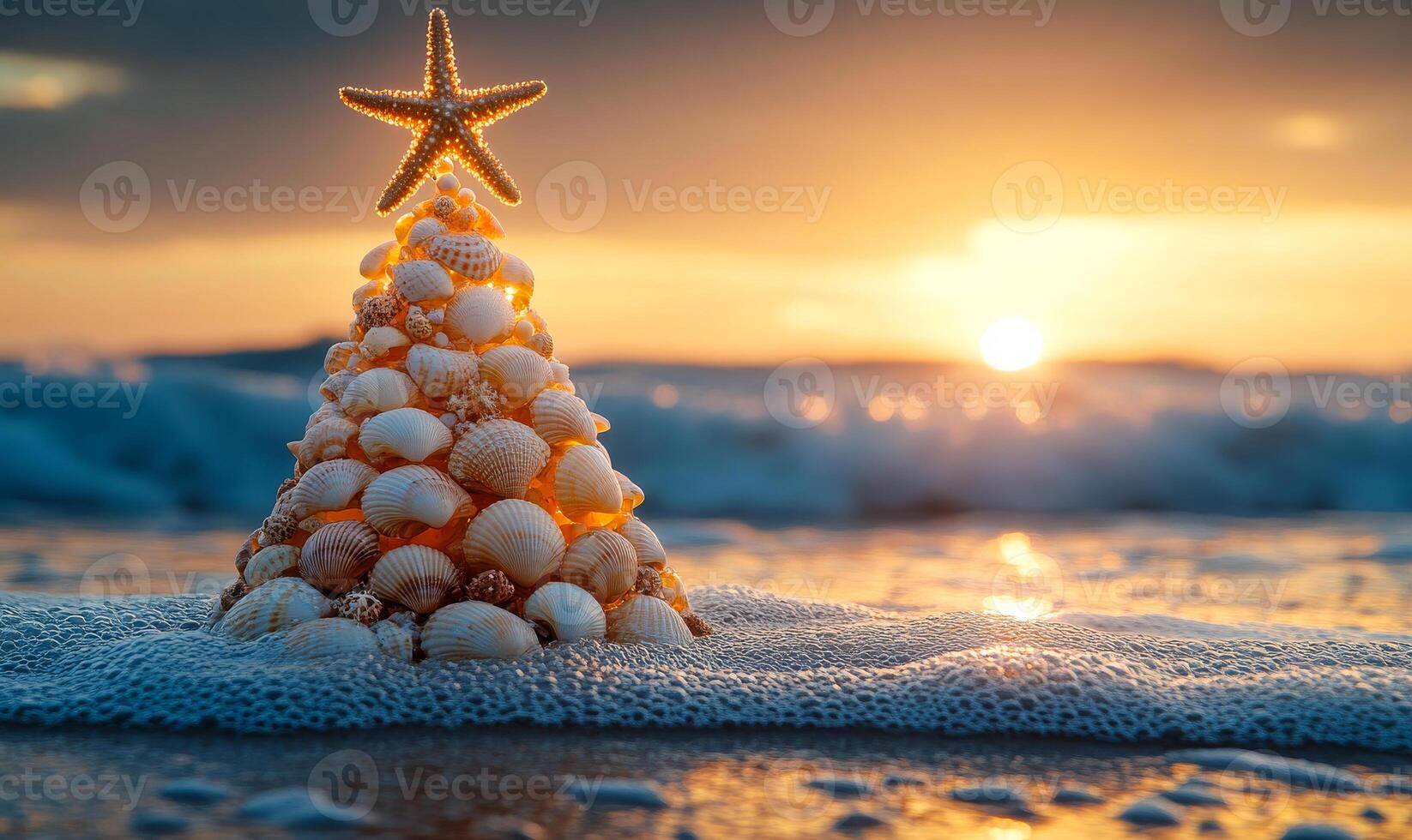 Beach sunset seashell tree. A beautifully crafted Christmas tree made of seashells stands on the sandy beach as the sun sets over the ocean waves. photo