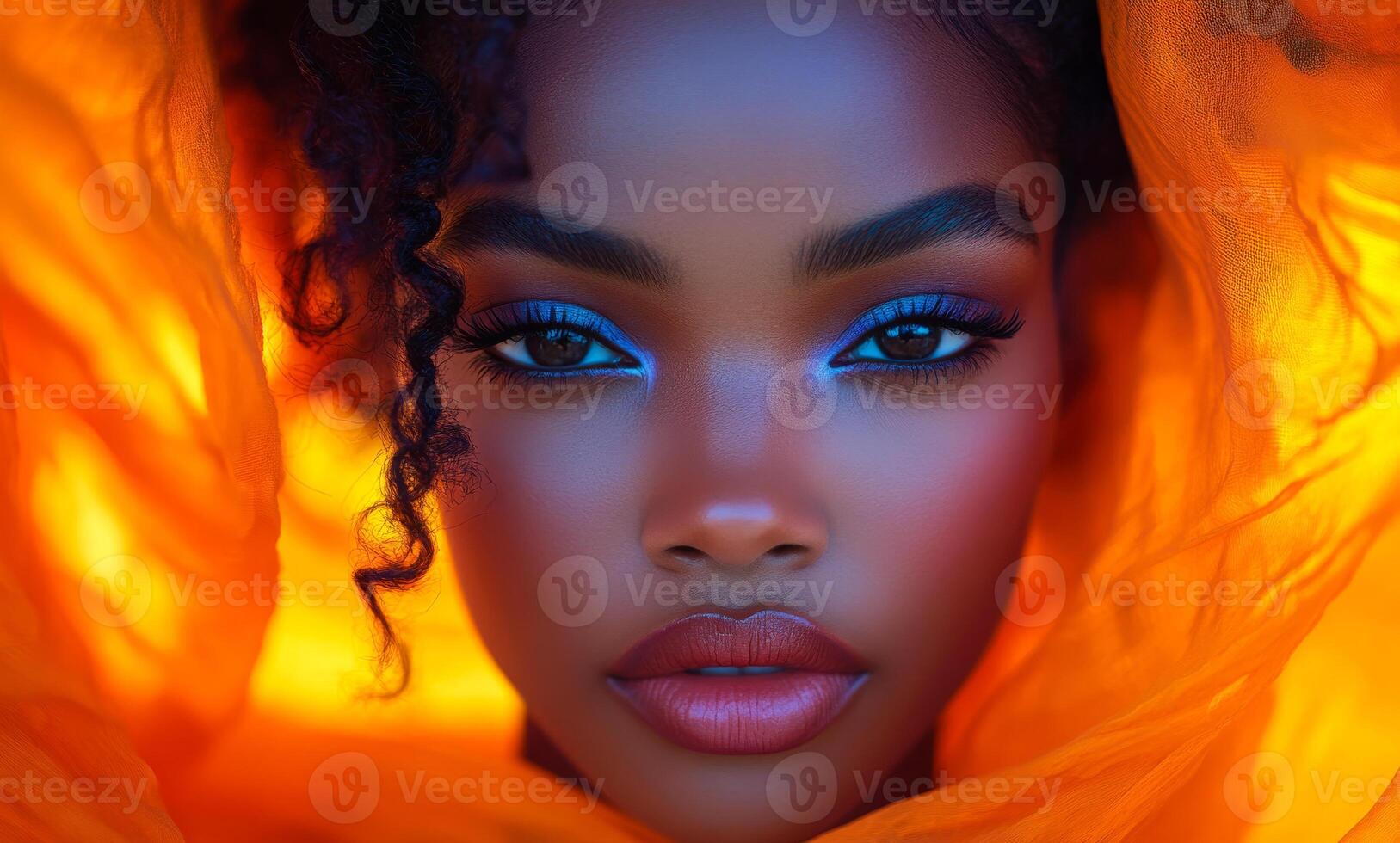 Vibrant portrait of a woman. A woman with stunning makeup framed by a bright orange fabric showcases her striking features and confidence. photo