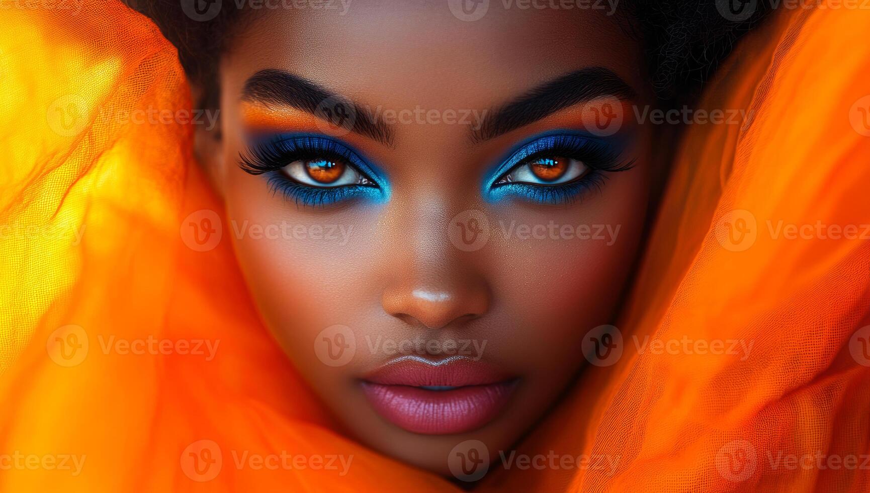 Colorful makeup portrait. A striking portrait of a model showcasing bold makeup with vibrant orange and blue tones, framed by flowing fabric. photo
