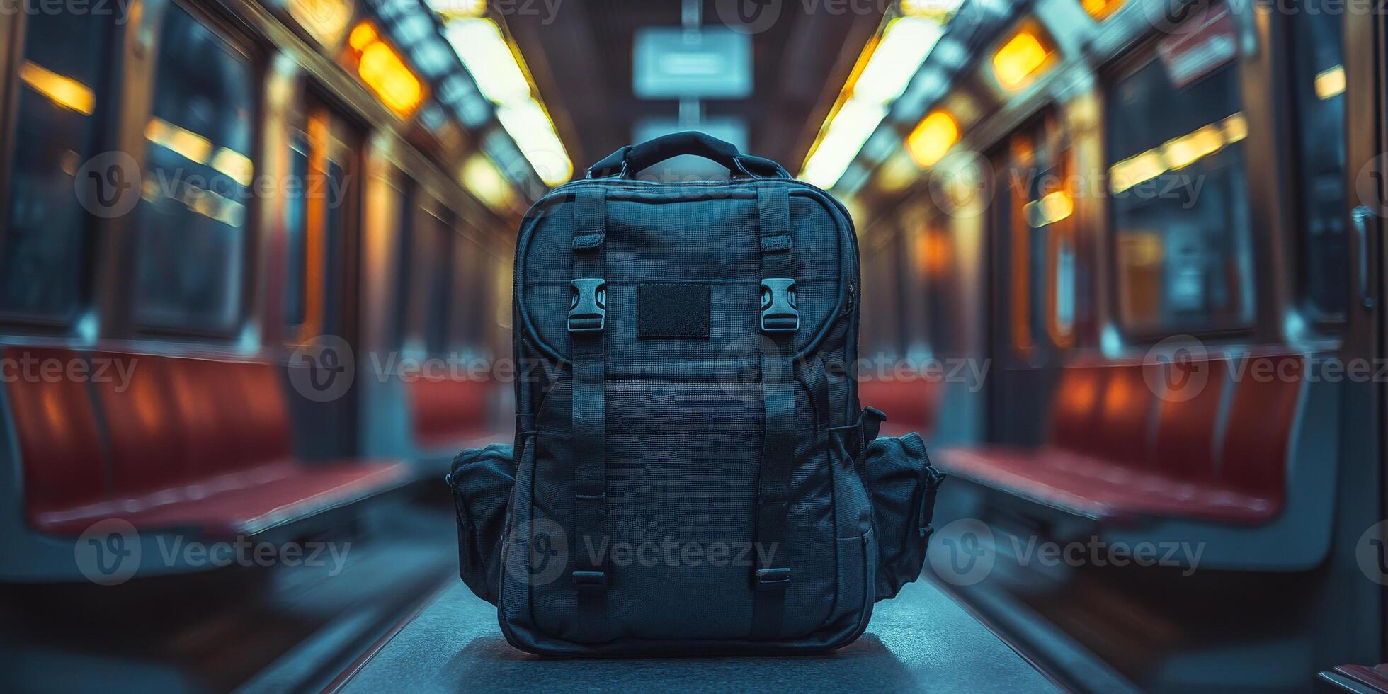 Backpack on subway seat in quiet train. A solitary backpack rests on a subway seat, surrounded by empty rows in a dimly lit train during the evening. photo