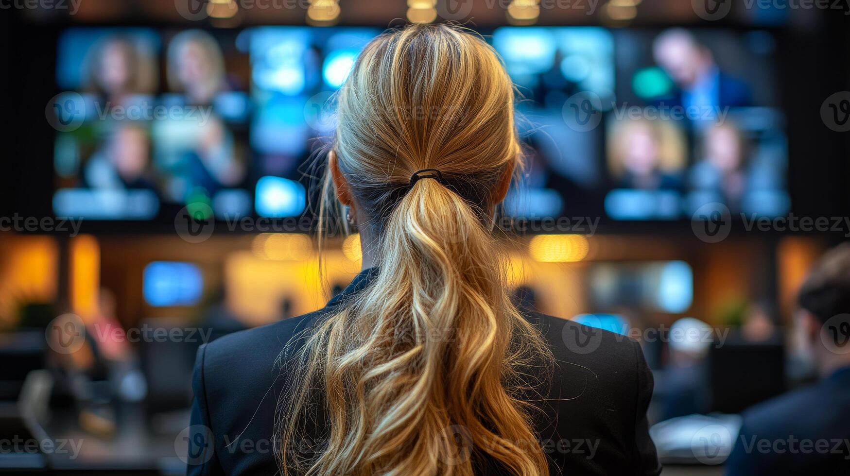 Woman watches screens at office. A woman with long hair tied back looks at multiple screens showing various individuals in a busy office environment. photo