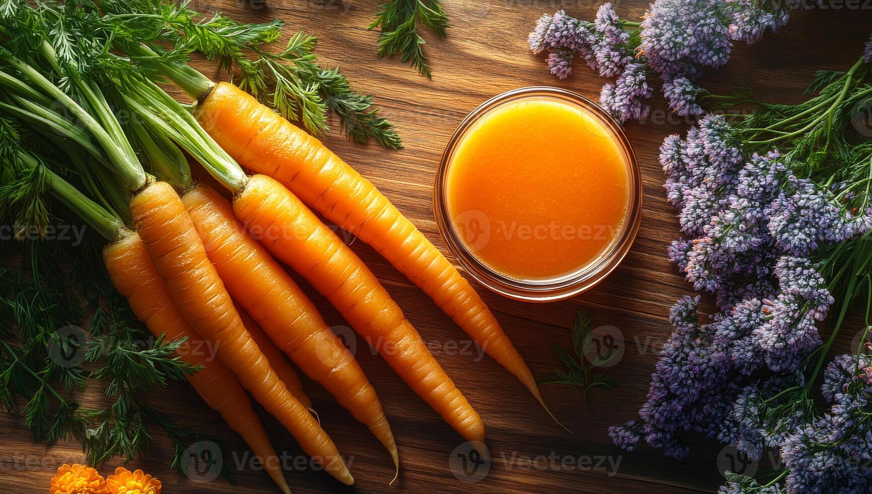 Carrots and juice on a table. Vibrant carrots and a glass of orange juice are beautifully arranged on a rustic wooden surface with flowers. photo