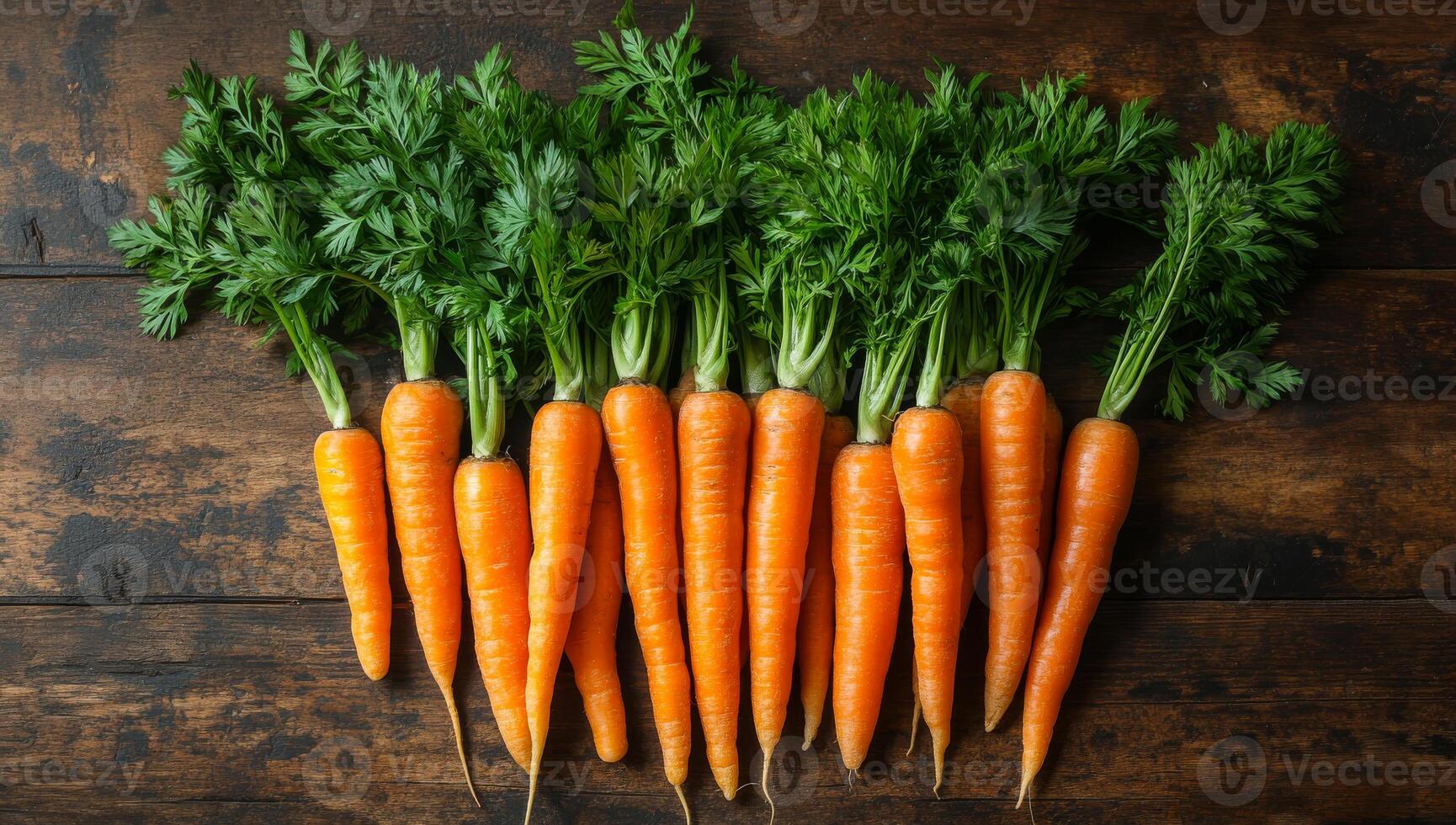 Carrots with green tops. Freshly harvested carrots with vibrant green tops lined on a rustic wooden table, ideal for farm-to-table meals. photo