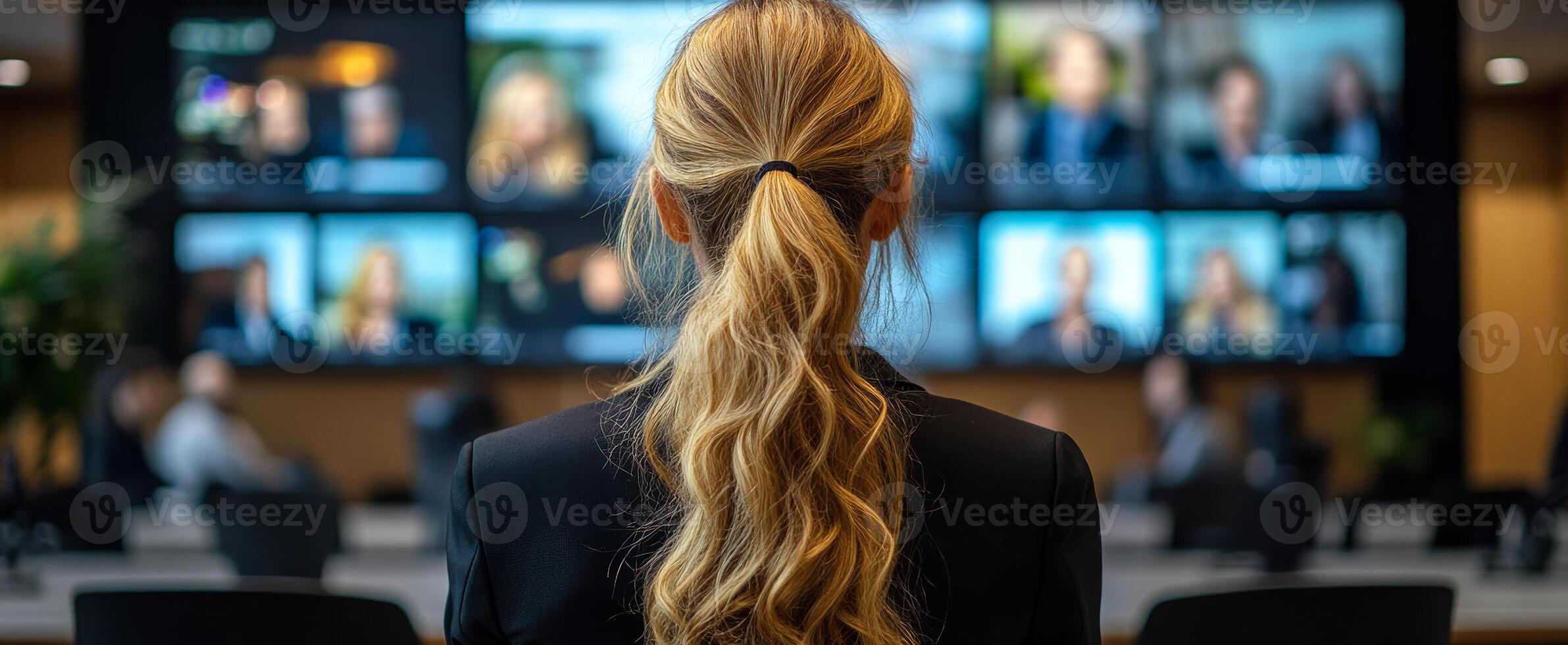 Virtual business meeting. A woman with long blonde hair sits in front of multiple screens showing virtual attendees in a business meeting. photo