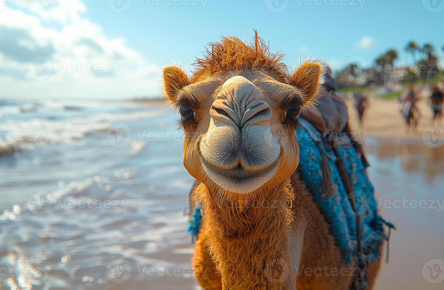 Happy camel on the beach near ocean. A cheerful camel stands on the sandy beach, surrounded by gentle ocean waves and a clear sky, enjoying a sunny day. photo