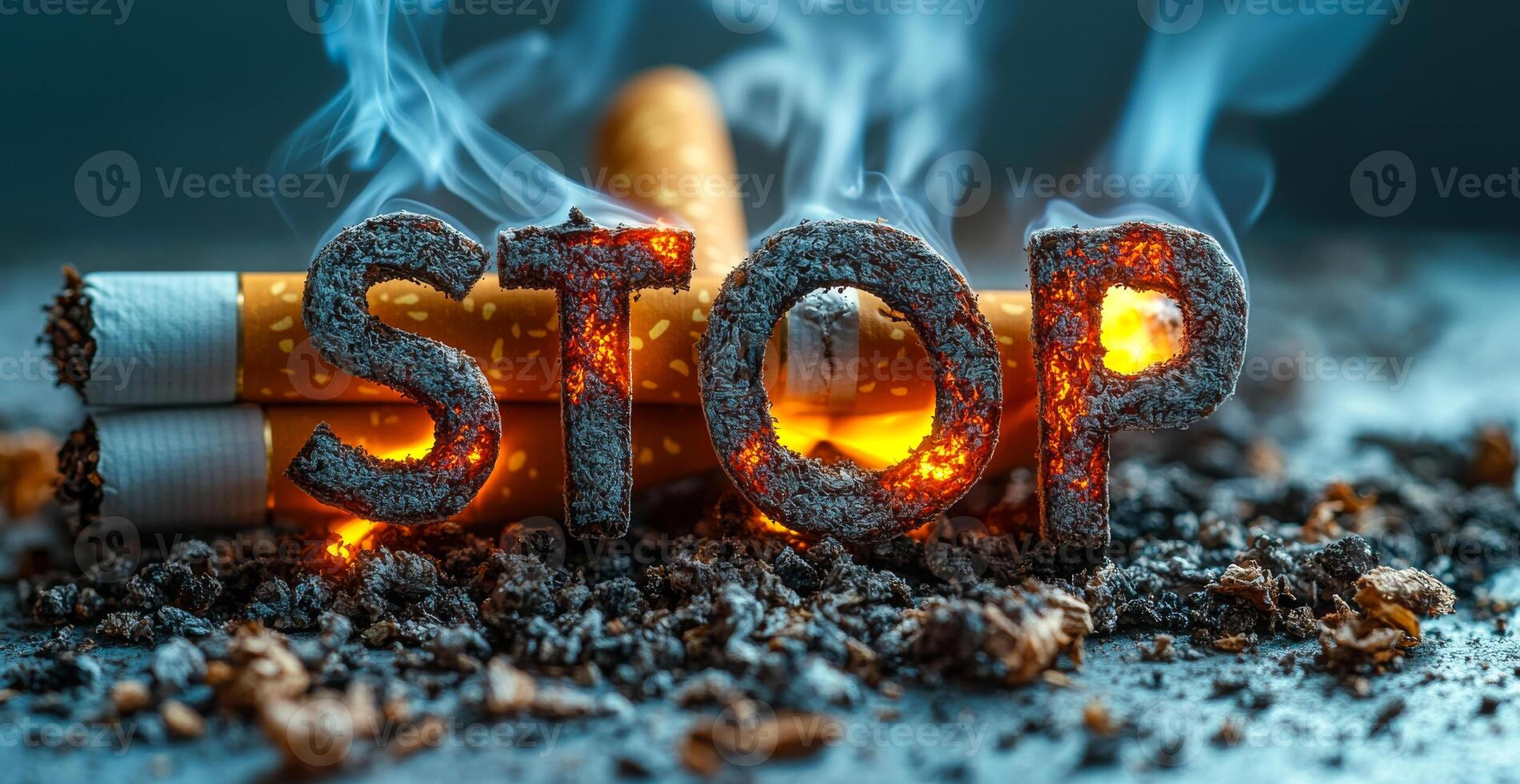 Encouragement to quit smoking sticks. Smoldering cigarettes lie on a surface with the word STOP formed from ashes, emitting smoke and glowing embers. photo