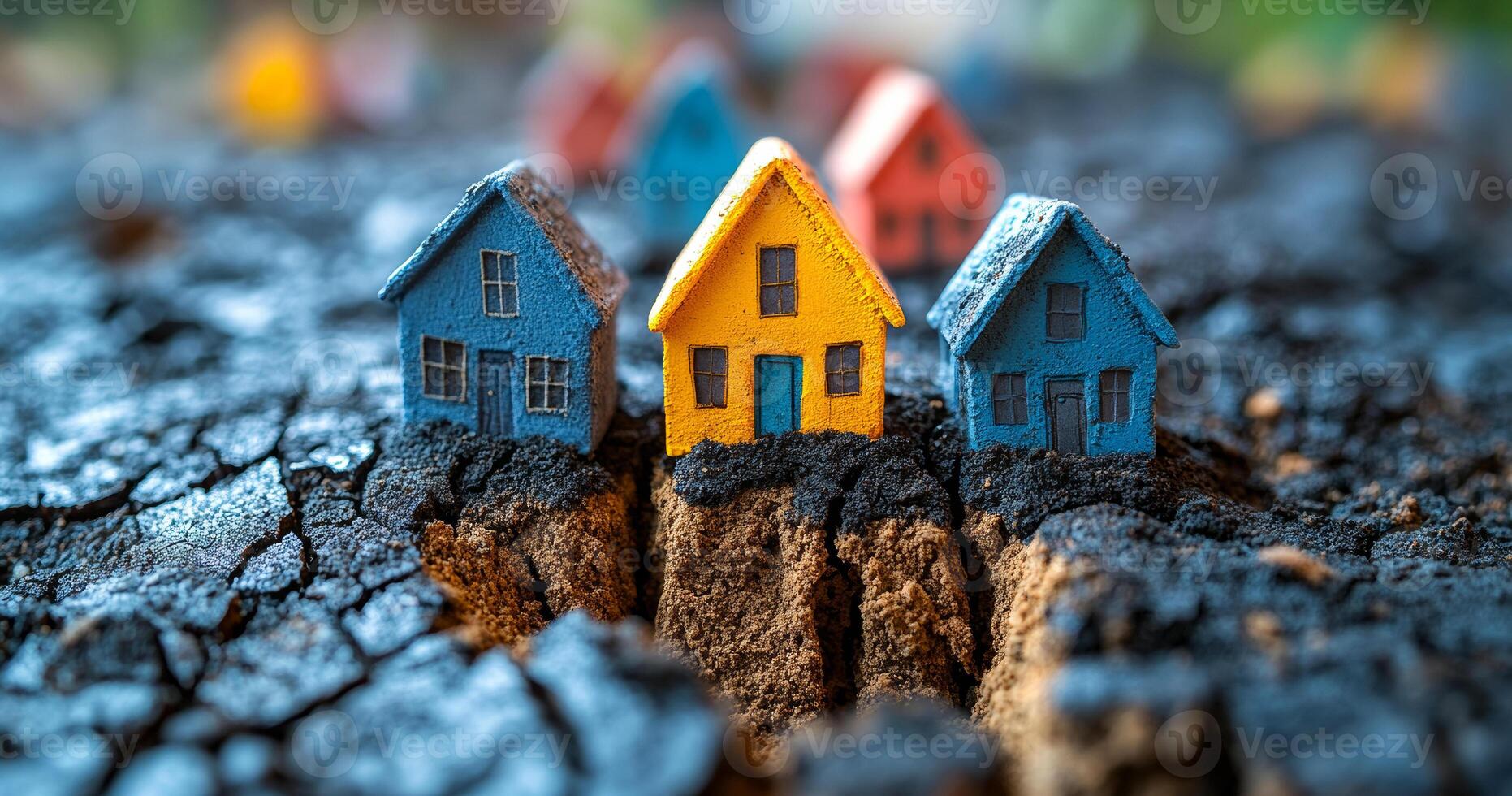 Tiny homes on dry ground. Colorful miniature houses sit atop fragmented earth, highlighting climate change and environmental impact creatively. photo