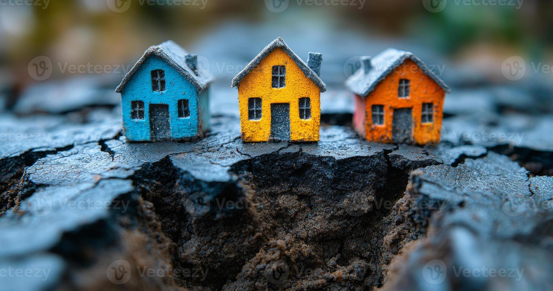 Tiny houses on cracked earth. Three colorful mini houses rest on a cracked, dry surface, highlighting drought and environmental change. photo