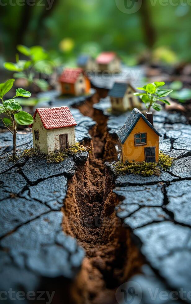 Tiny homes on cracked earth. Small model houses sit on a cracked and dry earth landscape, showing environmental degradation and resilience of nature. photo