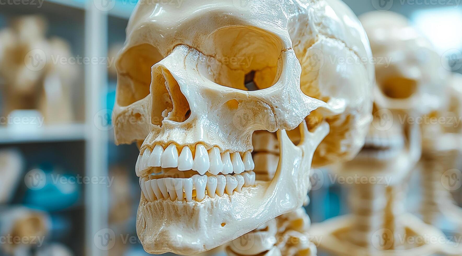 Educational skull model in anatomy lab. A detailed skull model is displayed in an anatomy lab, showcasing its features for educational purposes. photo