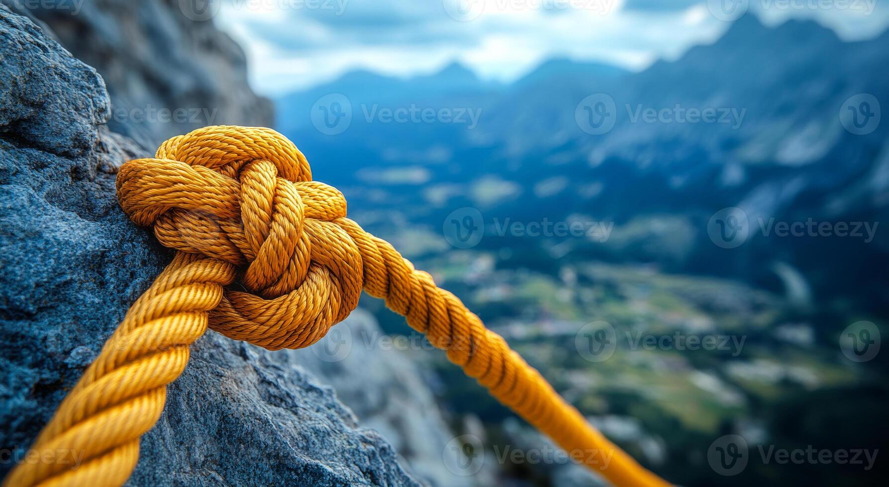 Climbing knot secured to rocky cliffside. A vibrant orange knot is secured to a rocky cliff, with a stunning mountainous landscape below. photo