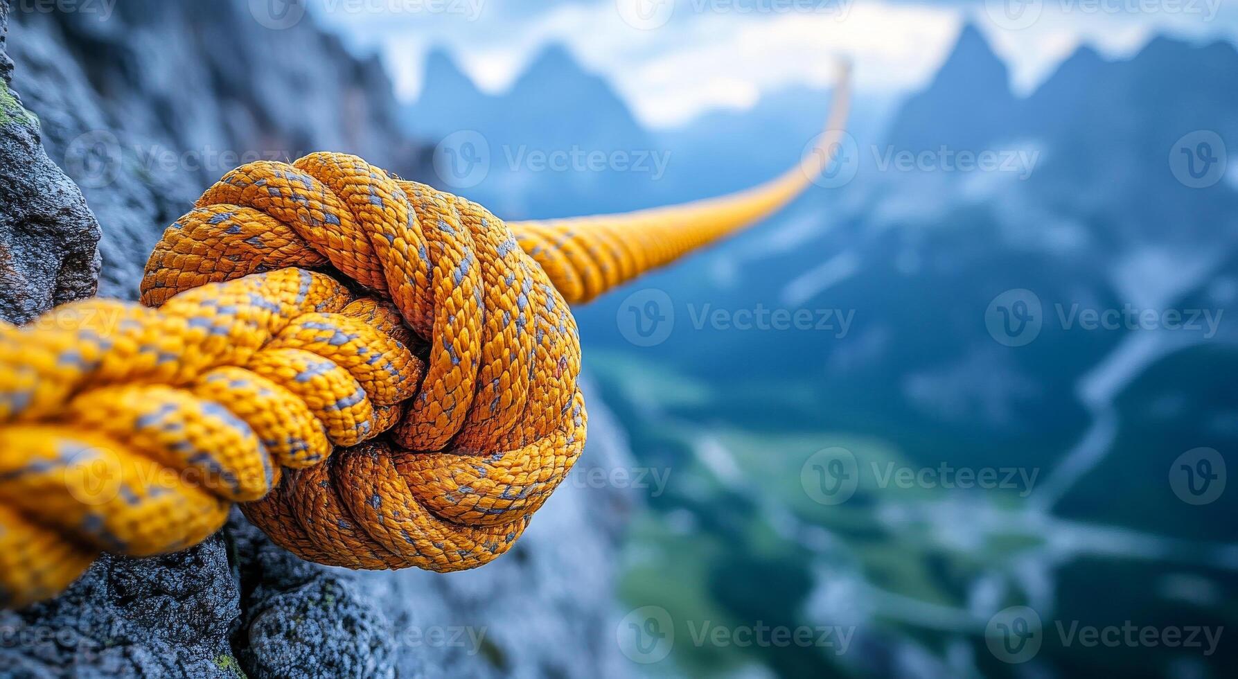 Climbing rope secured on mountain edge. A bright orange climbing rope is tied securely to a rocky outcropping, with mountains in the background. photo