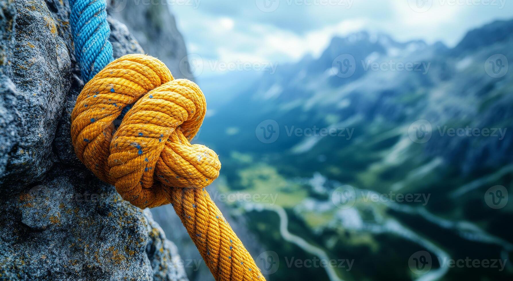 Knot secured on mountain cliff. Close-up of an orange climbing knot secured on a rocky cliff, overlooking a vast mountainous landscape below. photo